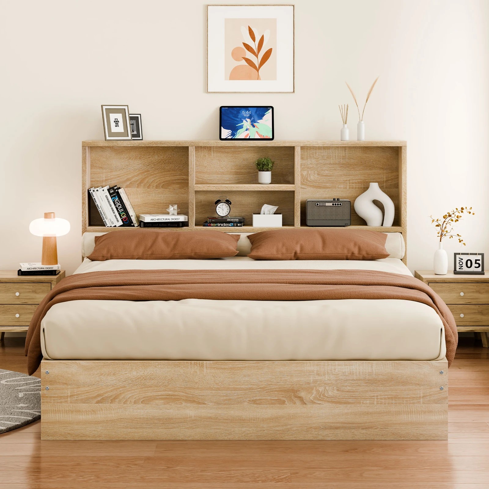 3 Alfordson Wooden Bed Frame Queen Size Base with Bookshelf Storage Headboard - Oak, 3 of 10