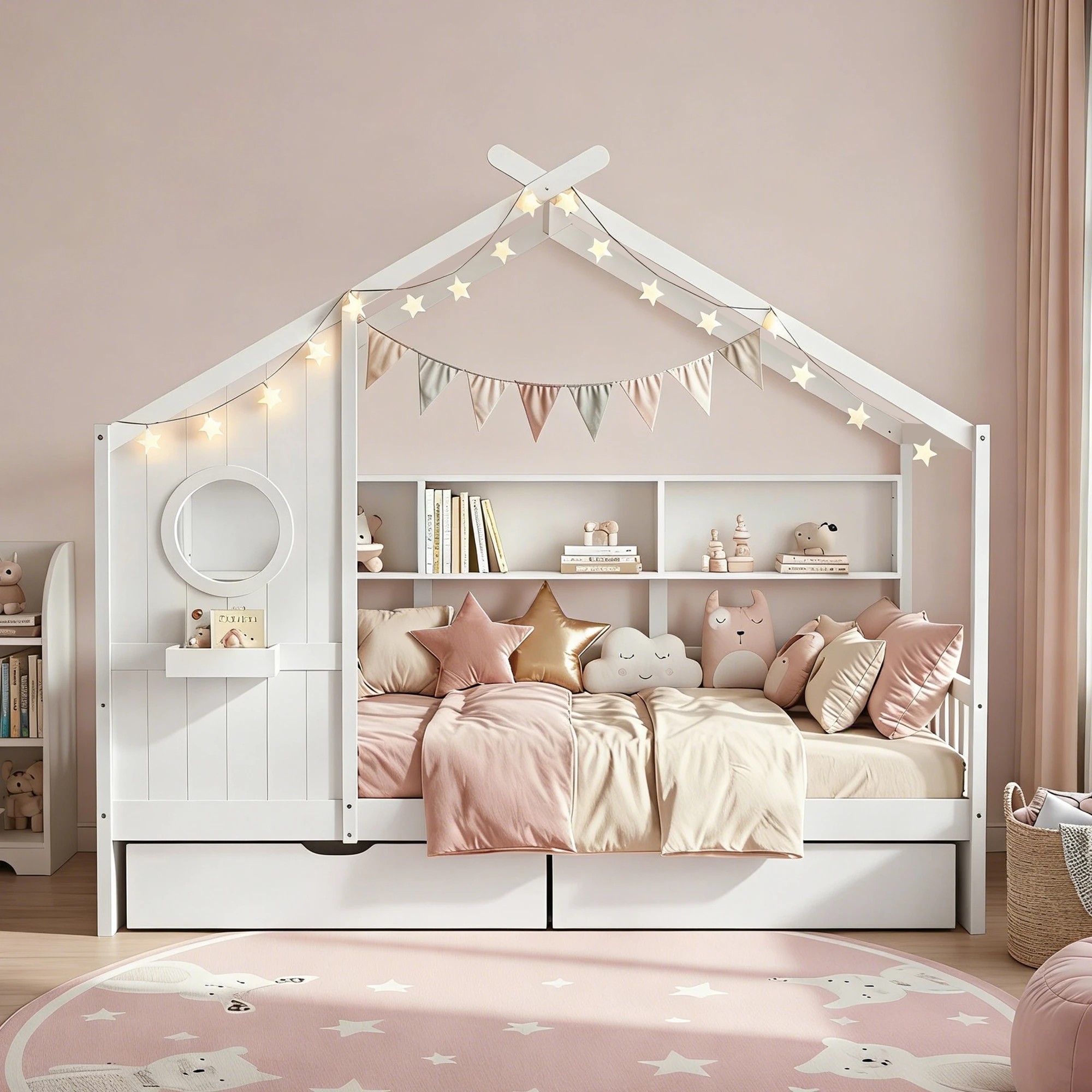 4 Artiss Kids Bed Frame with 3 Storage Bookcase & 2 Drawers House Bed Solid Wood Montessori Bed Easy - Single Bed - White, 4 of 10