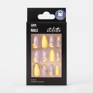 OXX Cosmetics 24 Pack False Nails with Adhesive - Stiletto Shape, Floral Shimmer