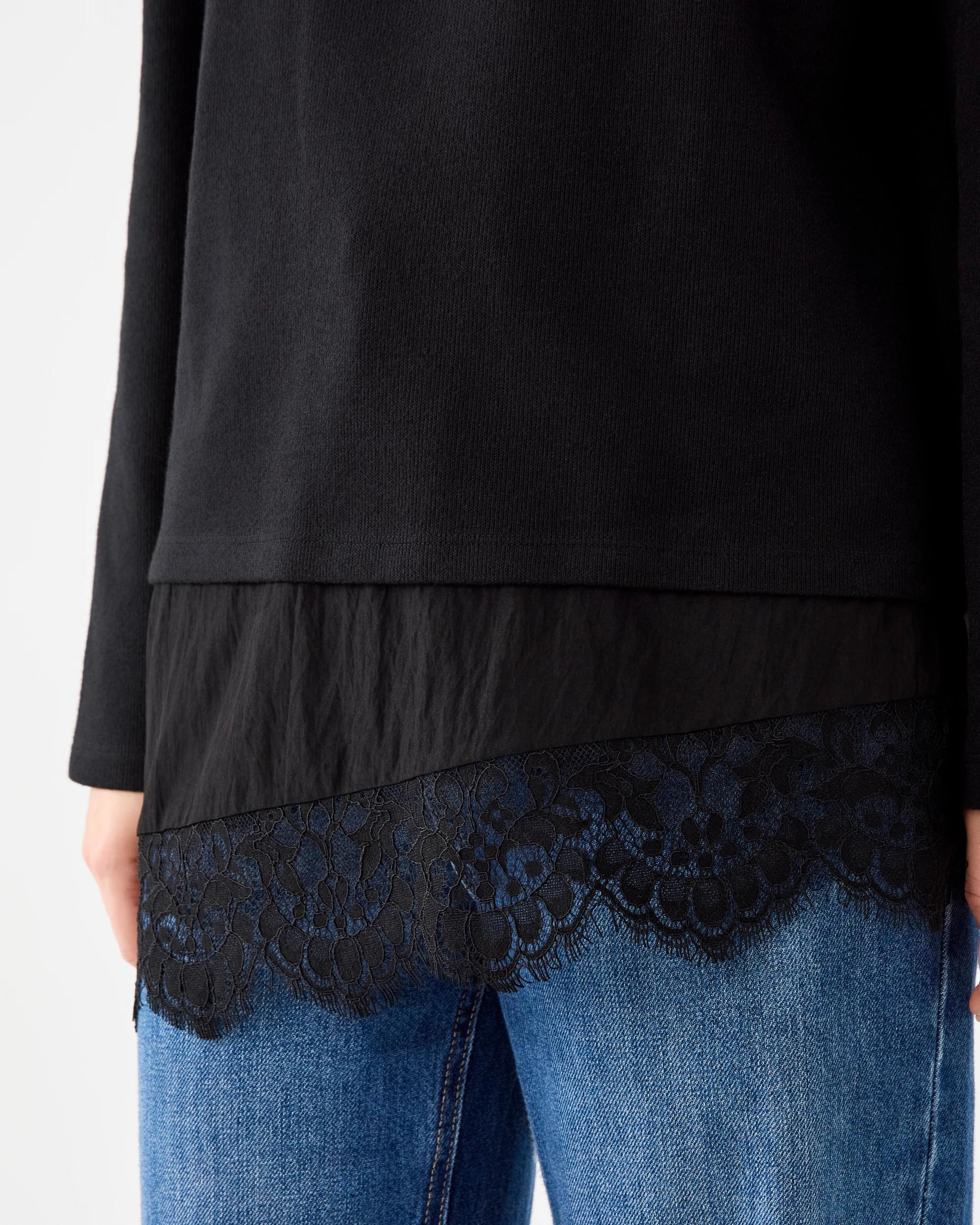 6 Long Sleeve Brushed Lace Trim Top Black, 6 of 7