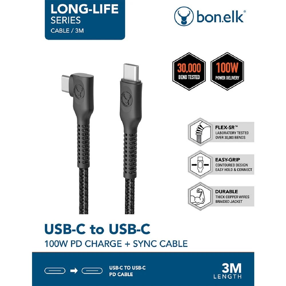 8 Bonelk Long-life Easy Grip USB-C Right Angle Cable 100W 3m Bk, 8 of 8