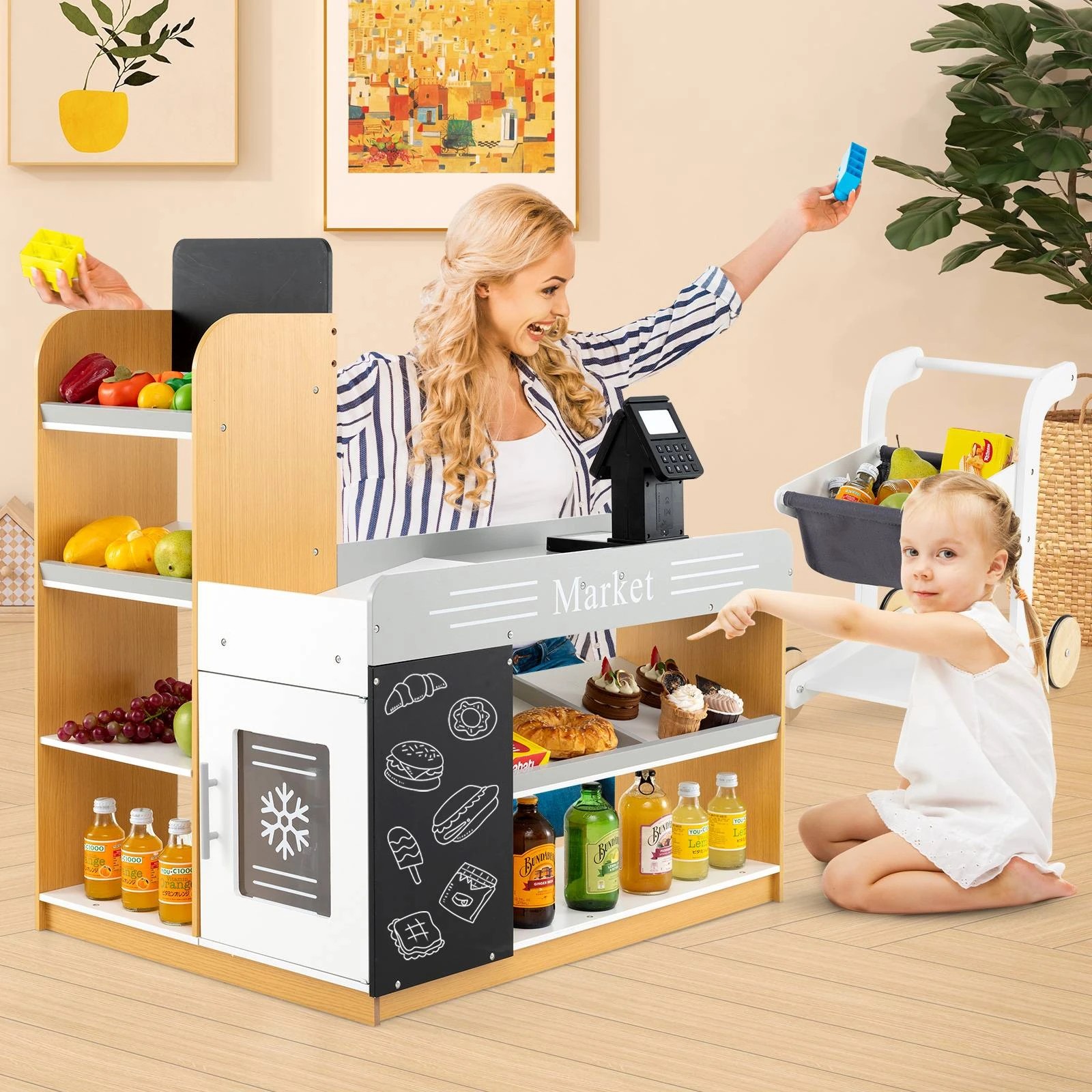 2 Costway Wooden Supermarket Playset Pretend Play Grocery Store, 2 of 2
