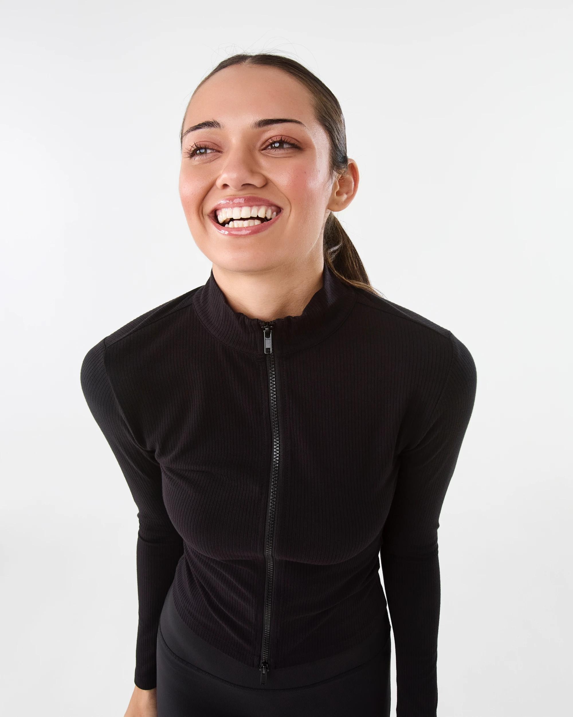 5 Active Womens Ribbed Zip Through Long Sleeve Top Black, 5 of 8