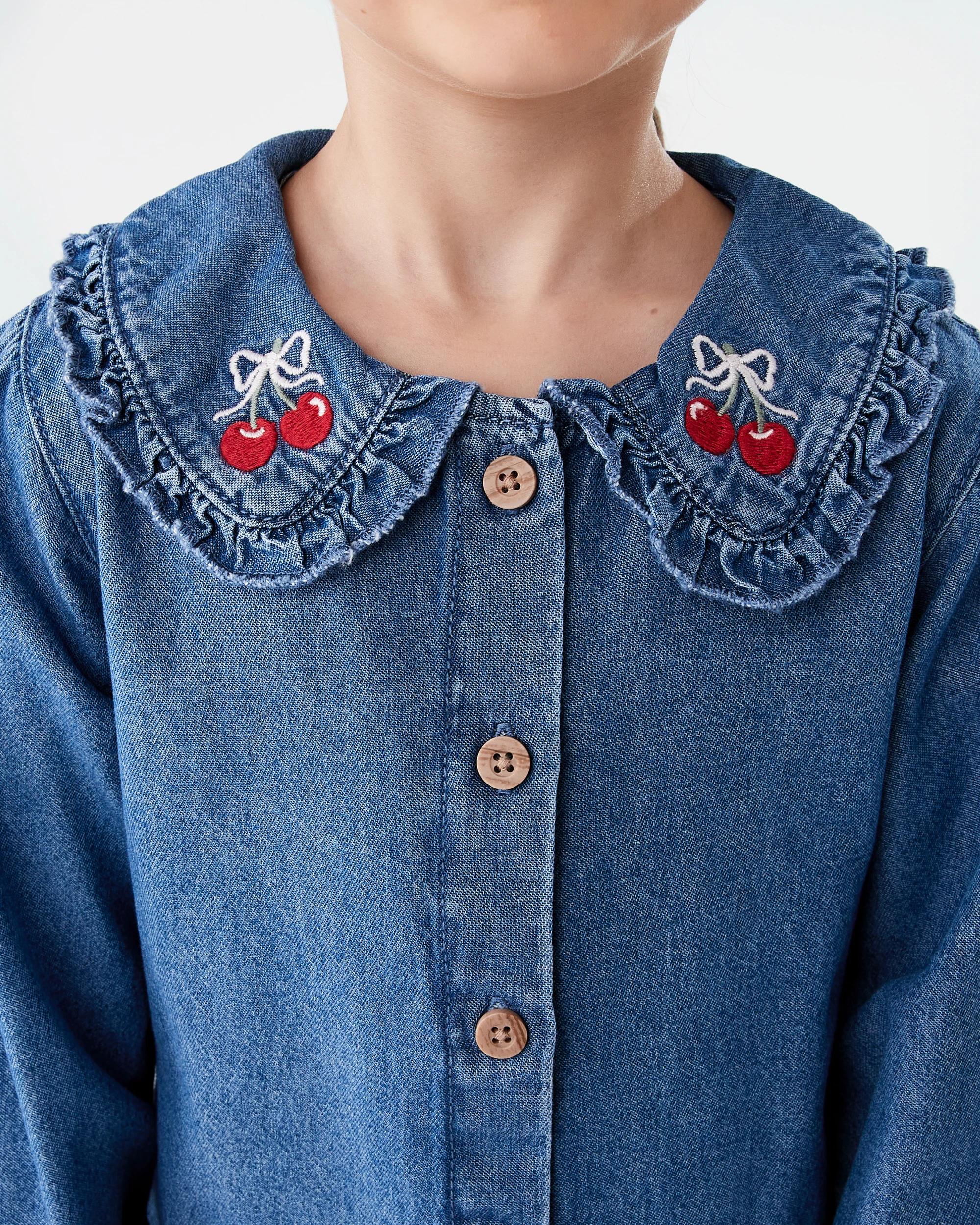 4 Long Sleeve Denim Frill Shirt Red Cherry, 4 of 9