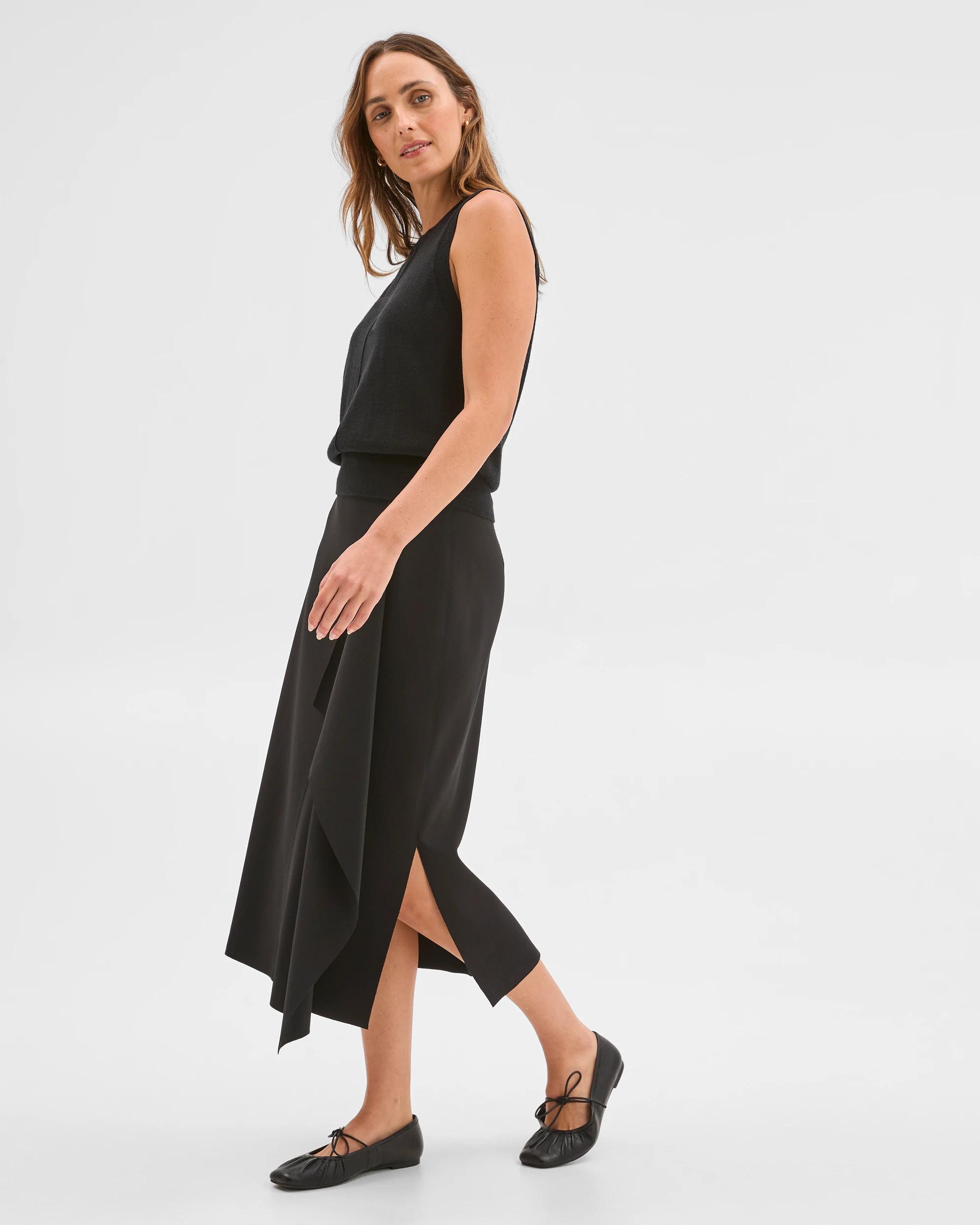 3 Preview Drape Detail Midi Skirt BLACK, 3 of 5