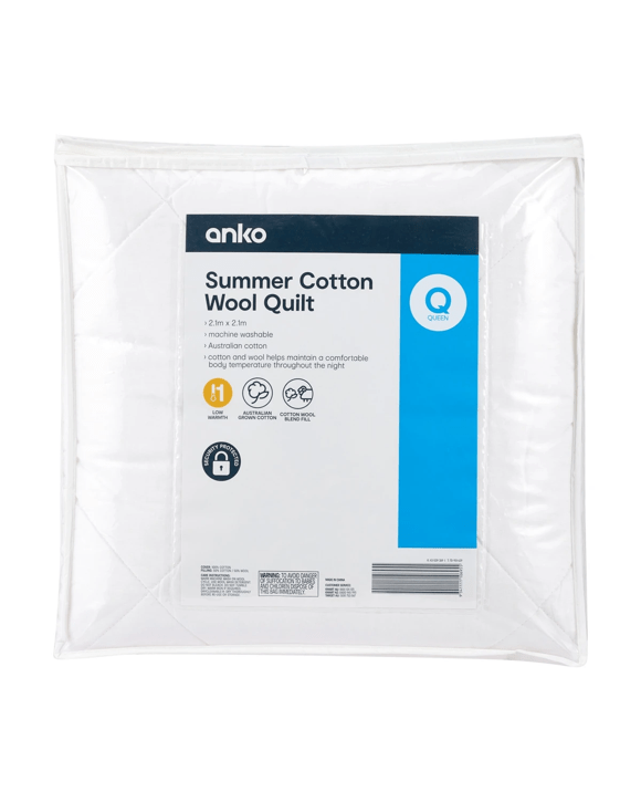 Low Warmth Summer Cotton Wool Quilt - Queen Bed, White