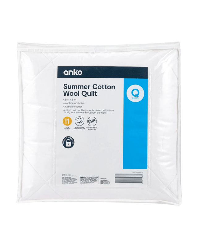 Low Warmth Summer Cotton Wool Quilt - Queen Bed, W
