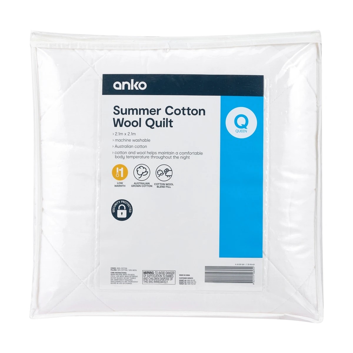 1 Low Warmth Summer Cotton Wool Quilt - Queen Bed, White, 1 of 4