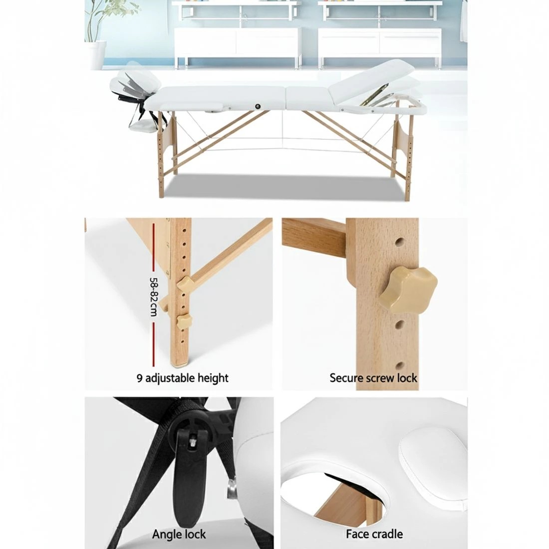 5 Zenses Massage Table 70cm Portable 3 Fold Wooden Beauty Bed - White, 5 of 8