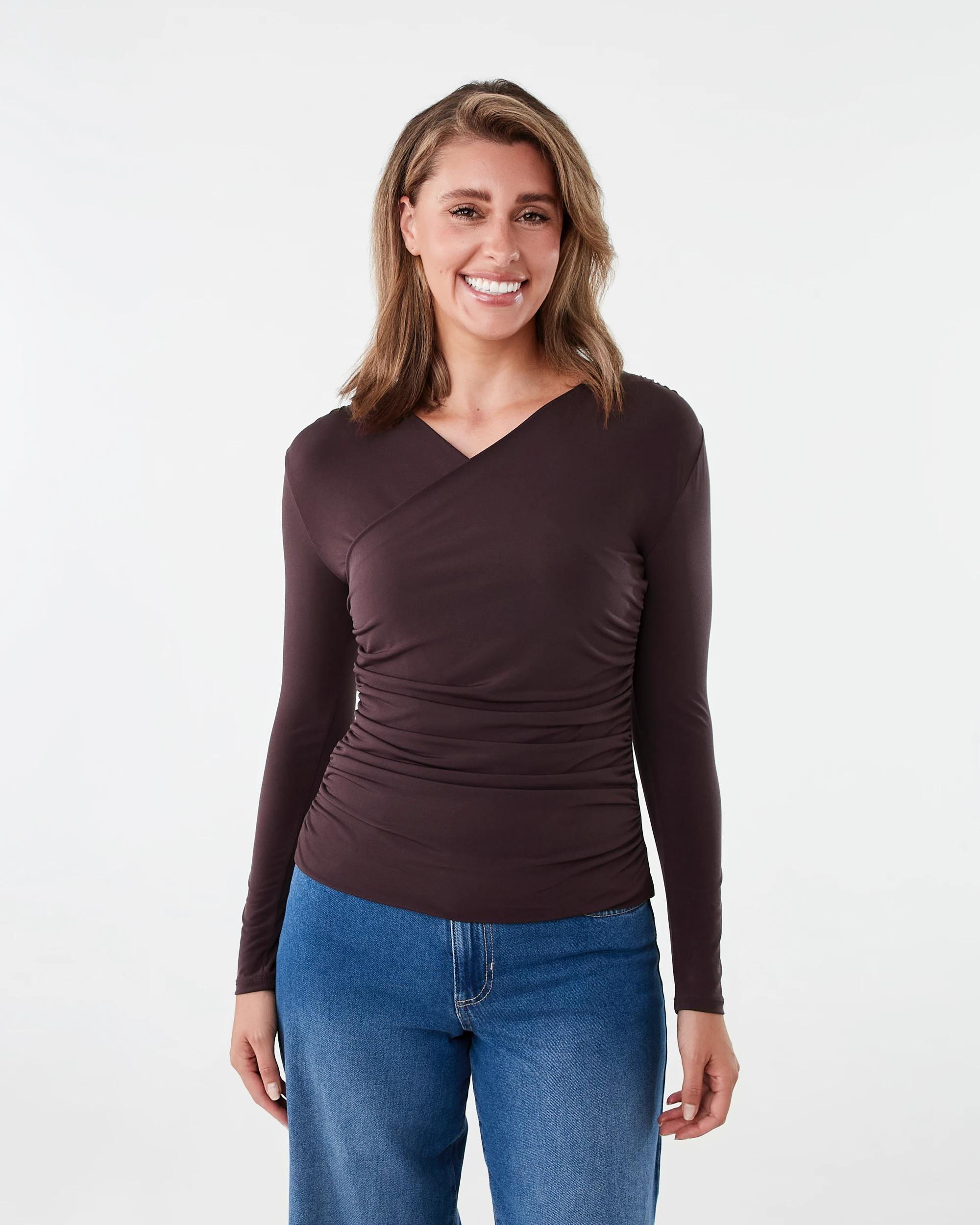 1 Long Sleeve Wrap Drape Top Fudge, 1 of 6