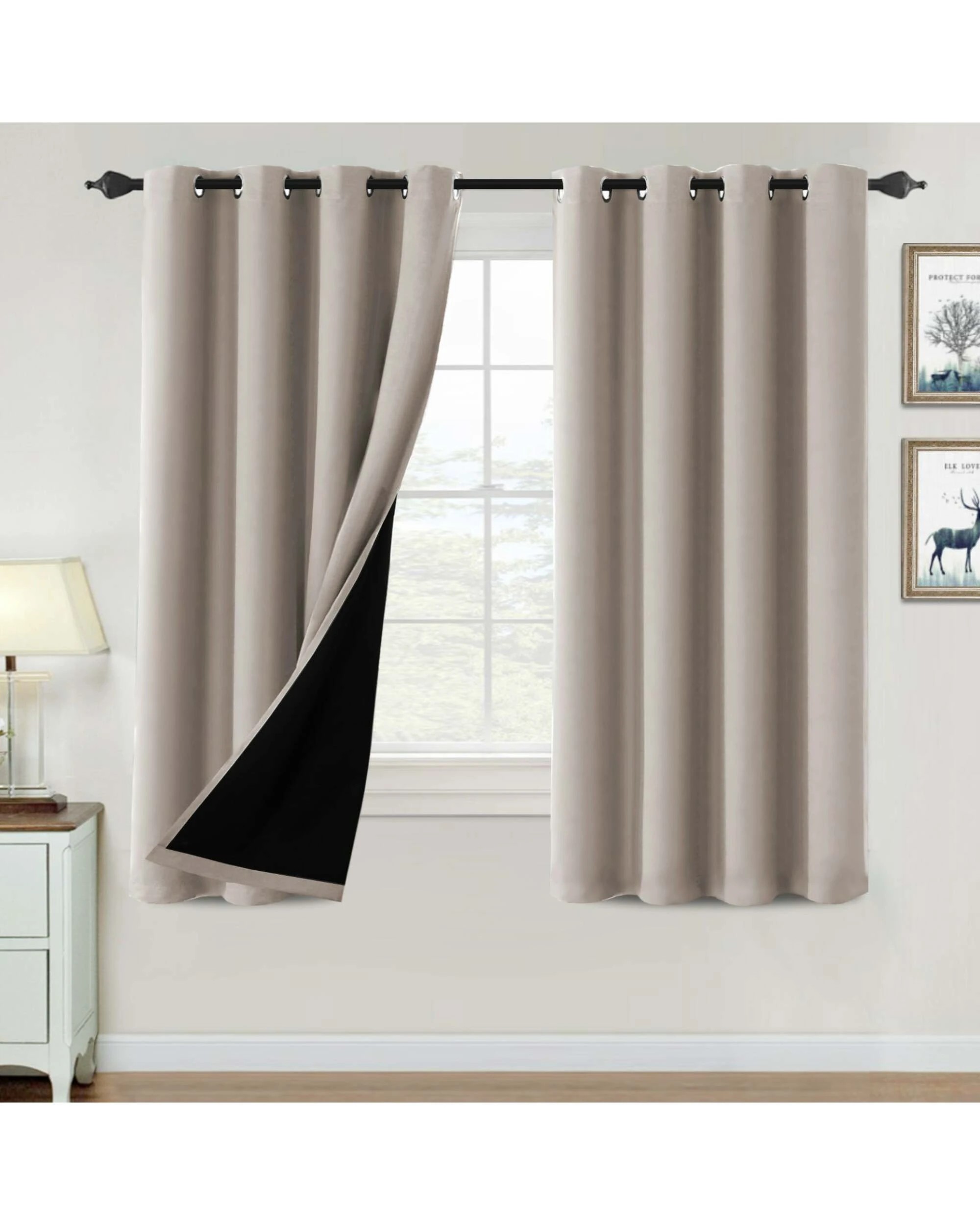 1 Smarcute Blockout Grommet Curtain with Black Liner Backing - 2X 132x160cm - Natural, 1 of 4
