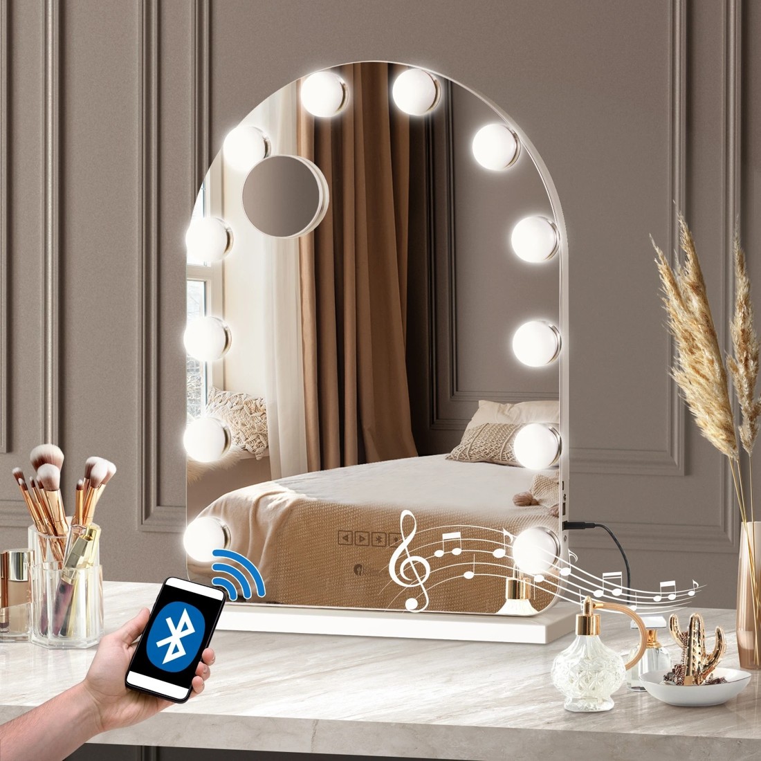 2 Oikiture Led Arched Makeup Mirror Bluetooth Hollywood 61x43cm Vanity Wall Mirrors
 - White, 2 of 7