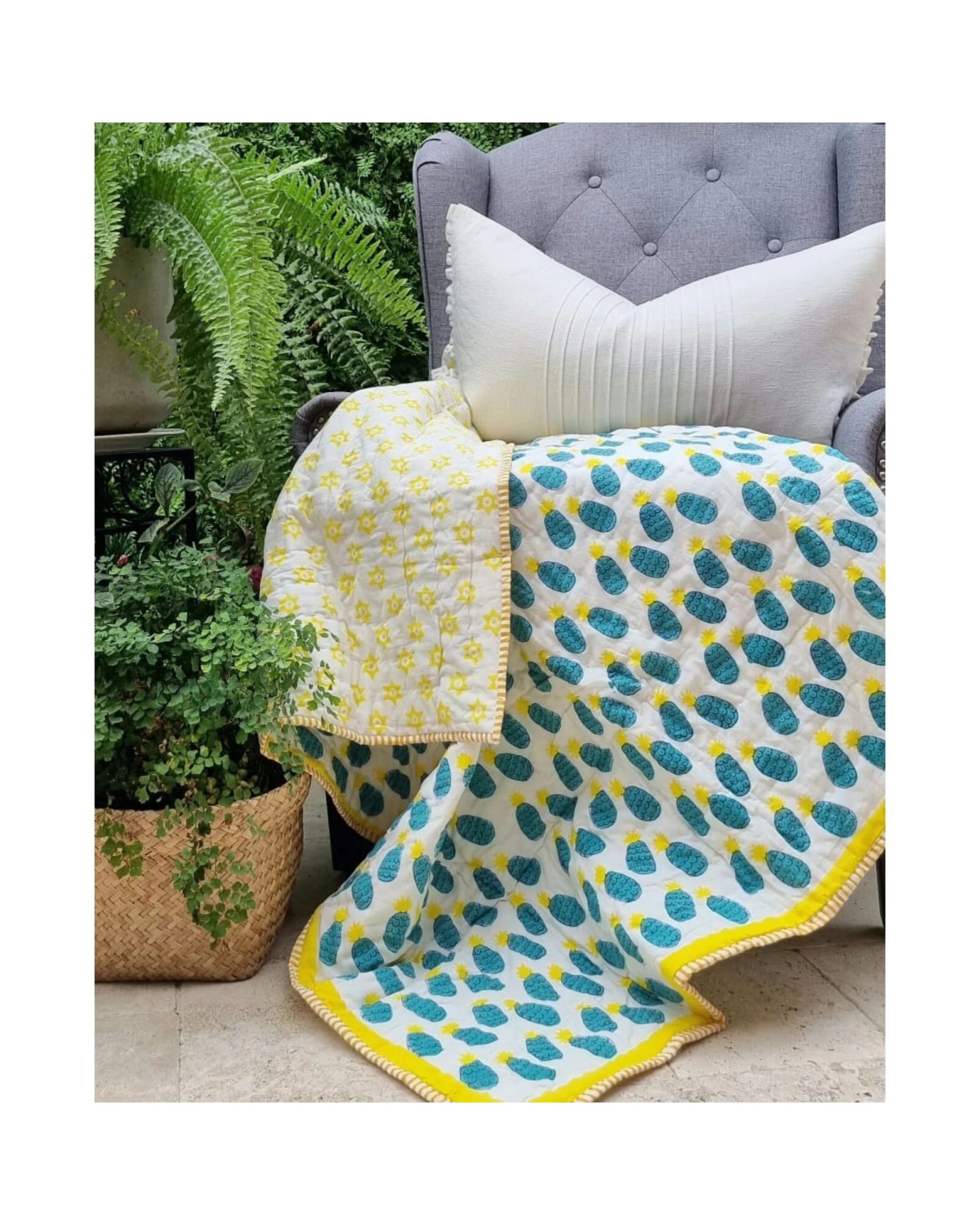1 Kolka GOTS Certified Organic Cotton Reversible Baby Quilt (100x120cm) - Blue Pineapple, 1 of 3