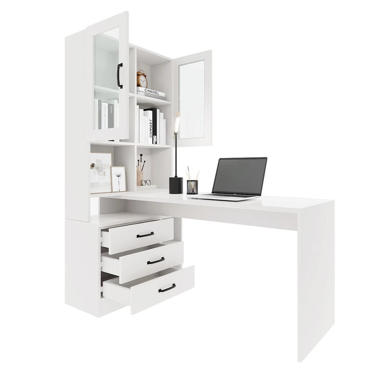 6 LUXSUITE Computer Desk Bookcase with Drawers White, 6 of 7