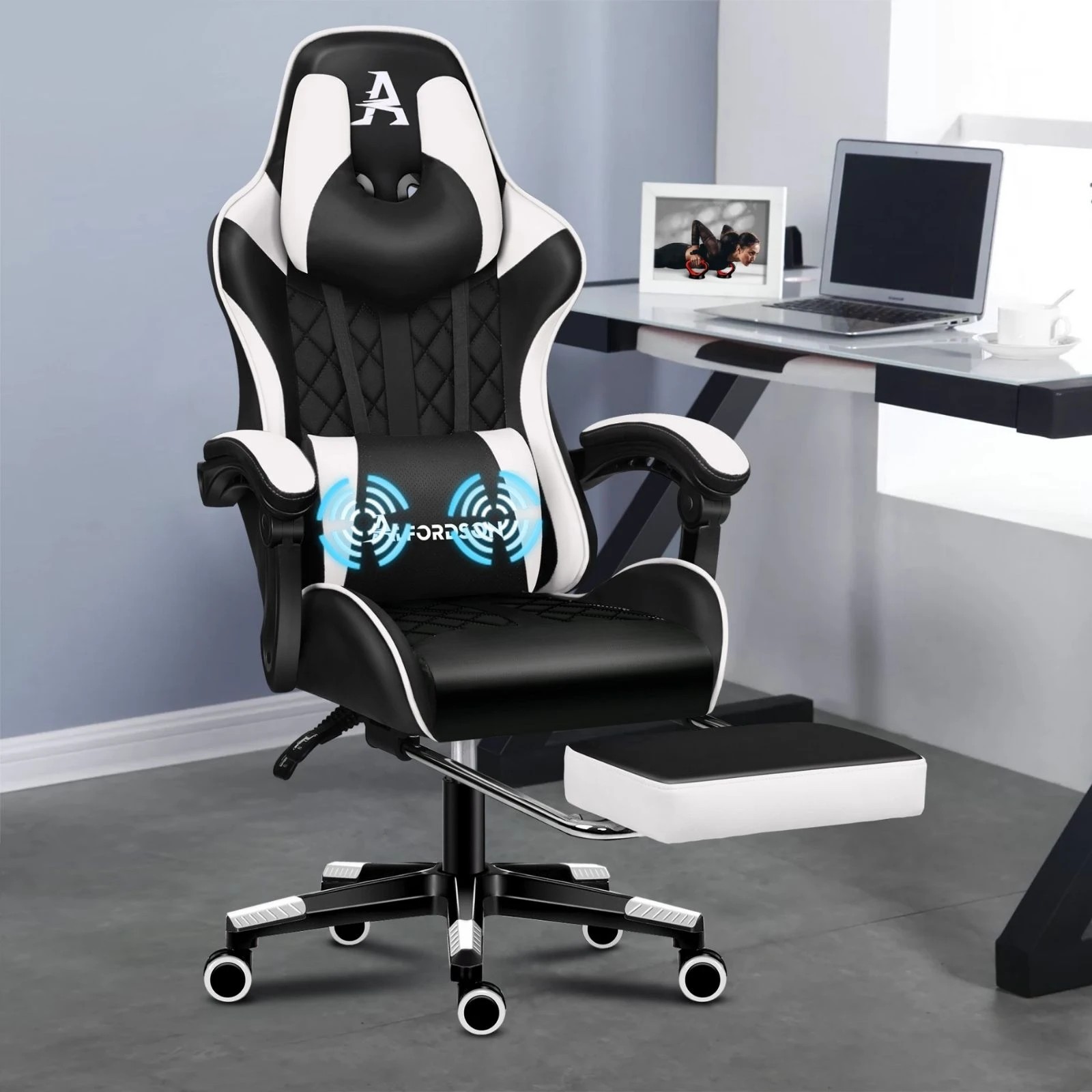 2 Alfordson Gaming Chair Office Racer Large Lumbar Cushion Footrest Seat Leather - White, 2 of 10