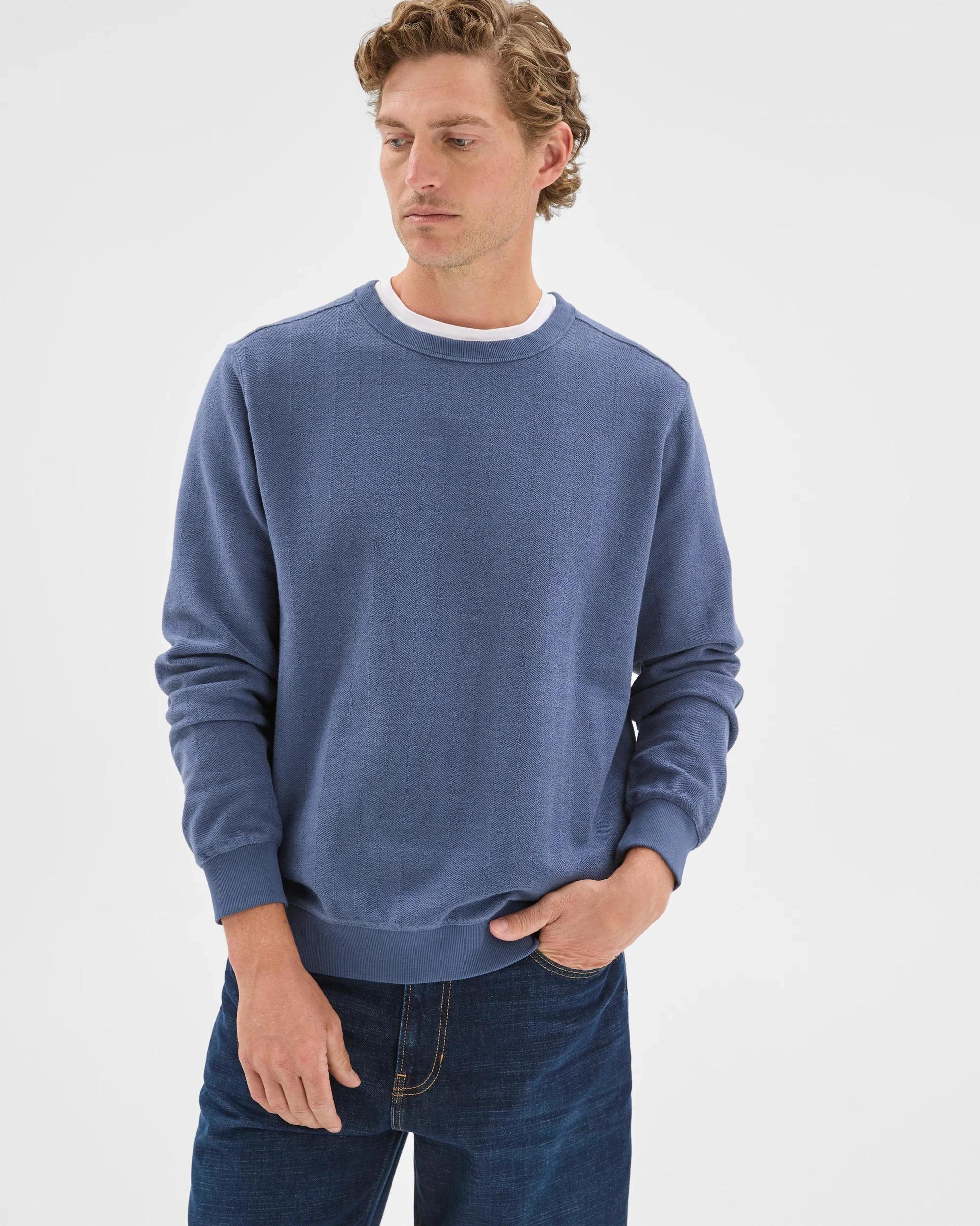 1 Target Man Australian Cotton Herringbone Long Sleeve Crew Neck Fleece Top BLUE STONE, 1 of 6