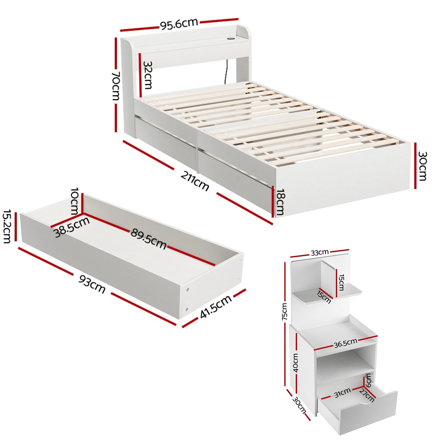 3 Artiss Single Bed Frame  with Charging Ports and Bedside Table - White, 3 of 10
