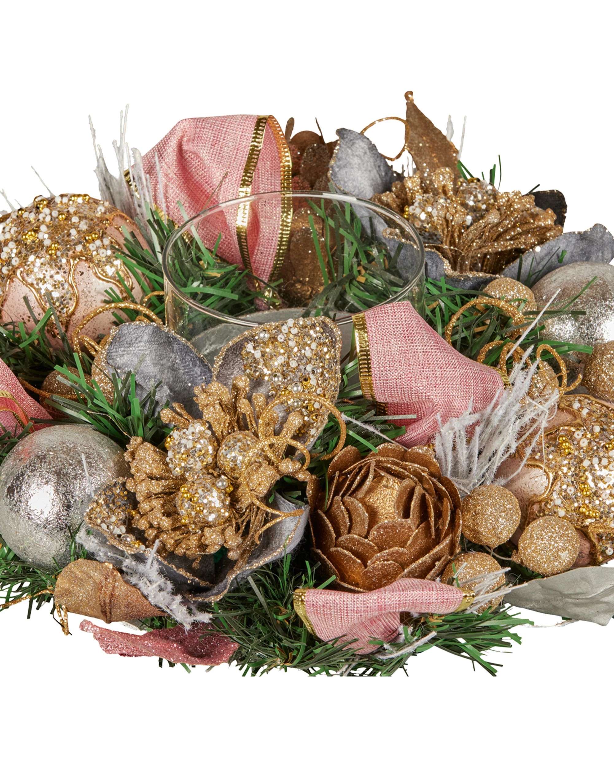 2 Christabelle 26cm Christmas Centrepiece Lush Green Holiday Jewelled Baubles Foliage Flowers Pine Cones Ribbon, 2 of 9