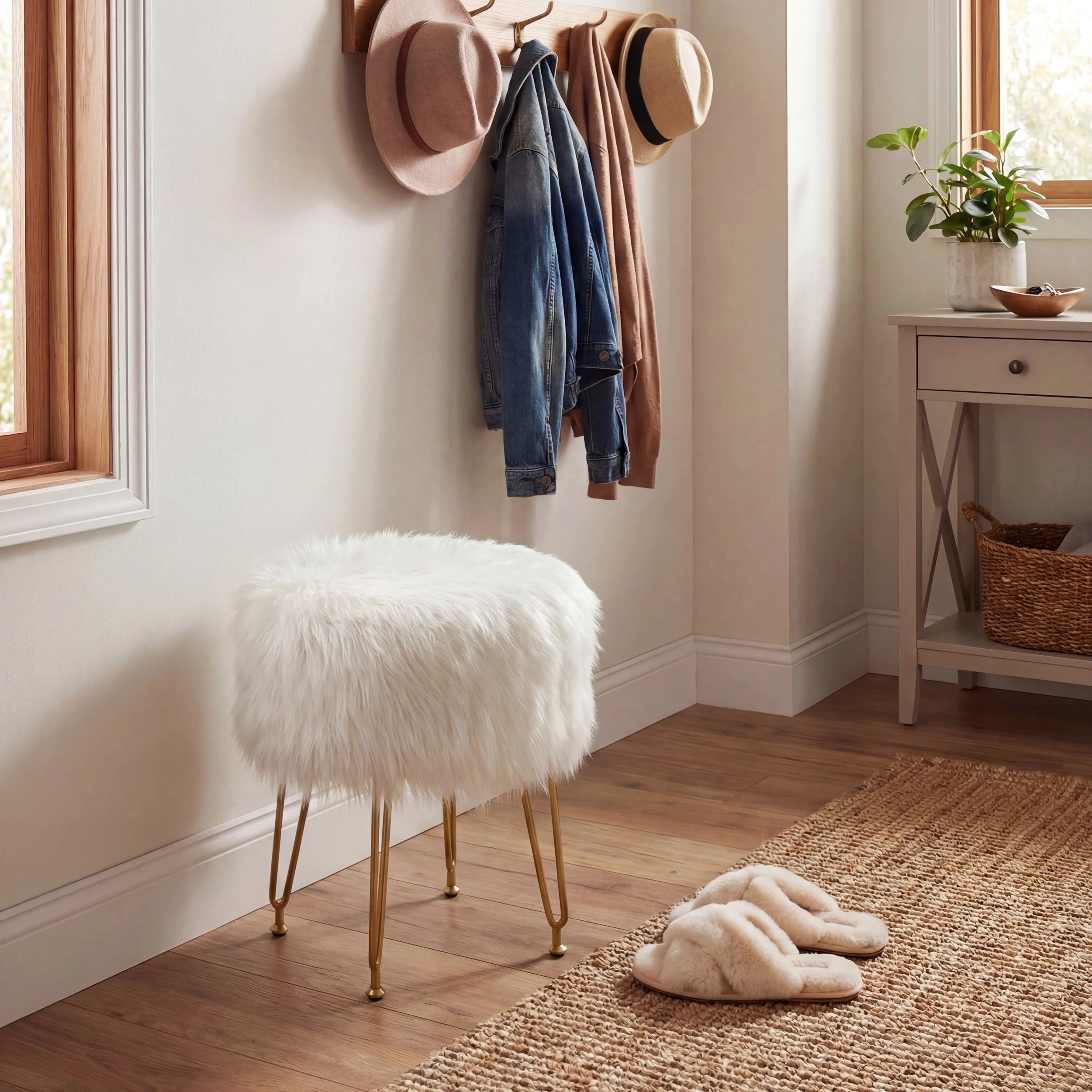 2 Costway Faux Fur Vanity Stool Round Footrest Ottoman Accent Dressing Table Chair Metal Legs - White, 2 of 3