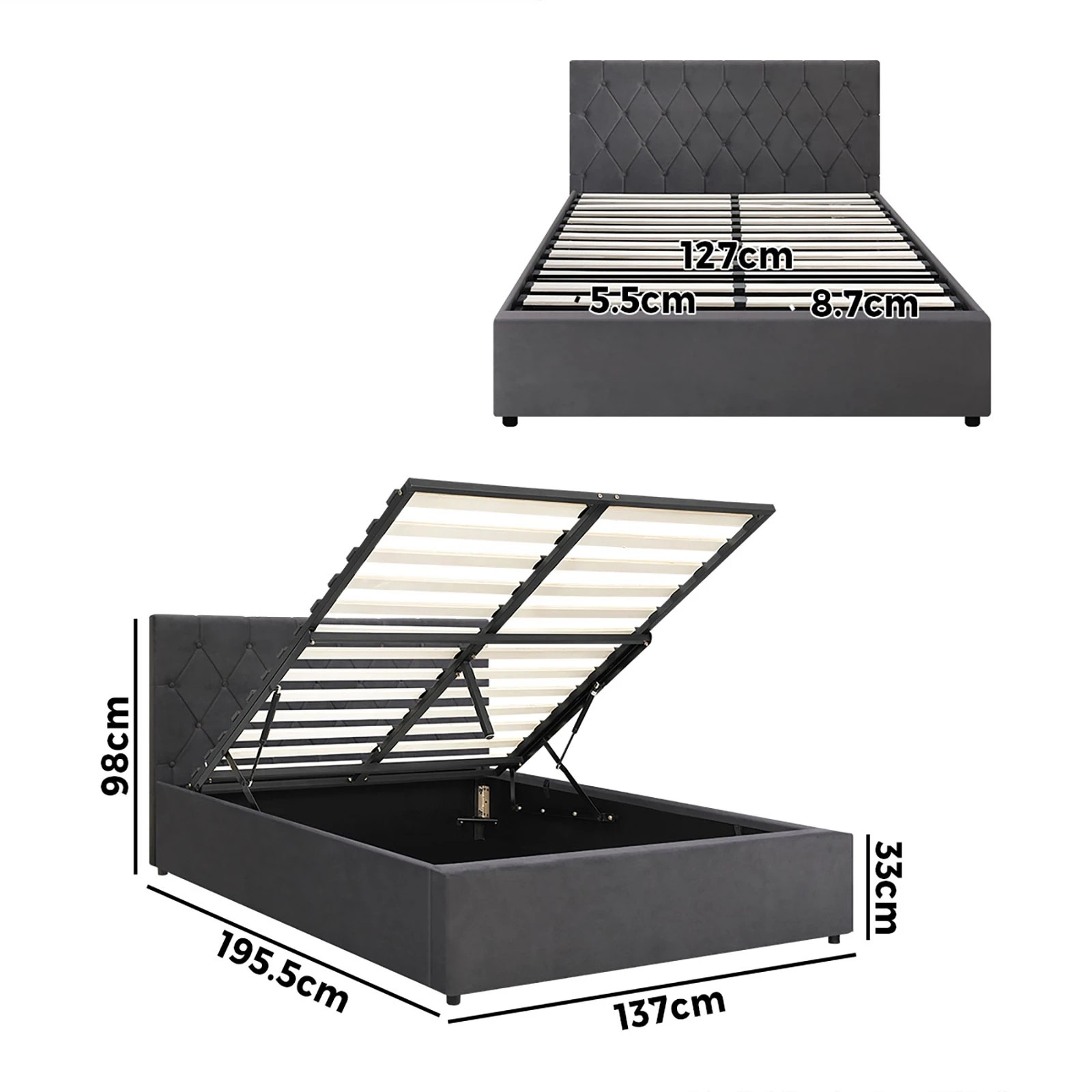 10 Oikiture Double Bed Frame With Gas Lift Storage Base Velvet
 - Grey, 10 of 10