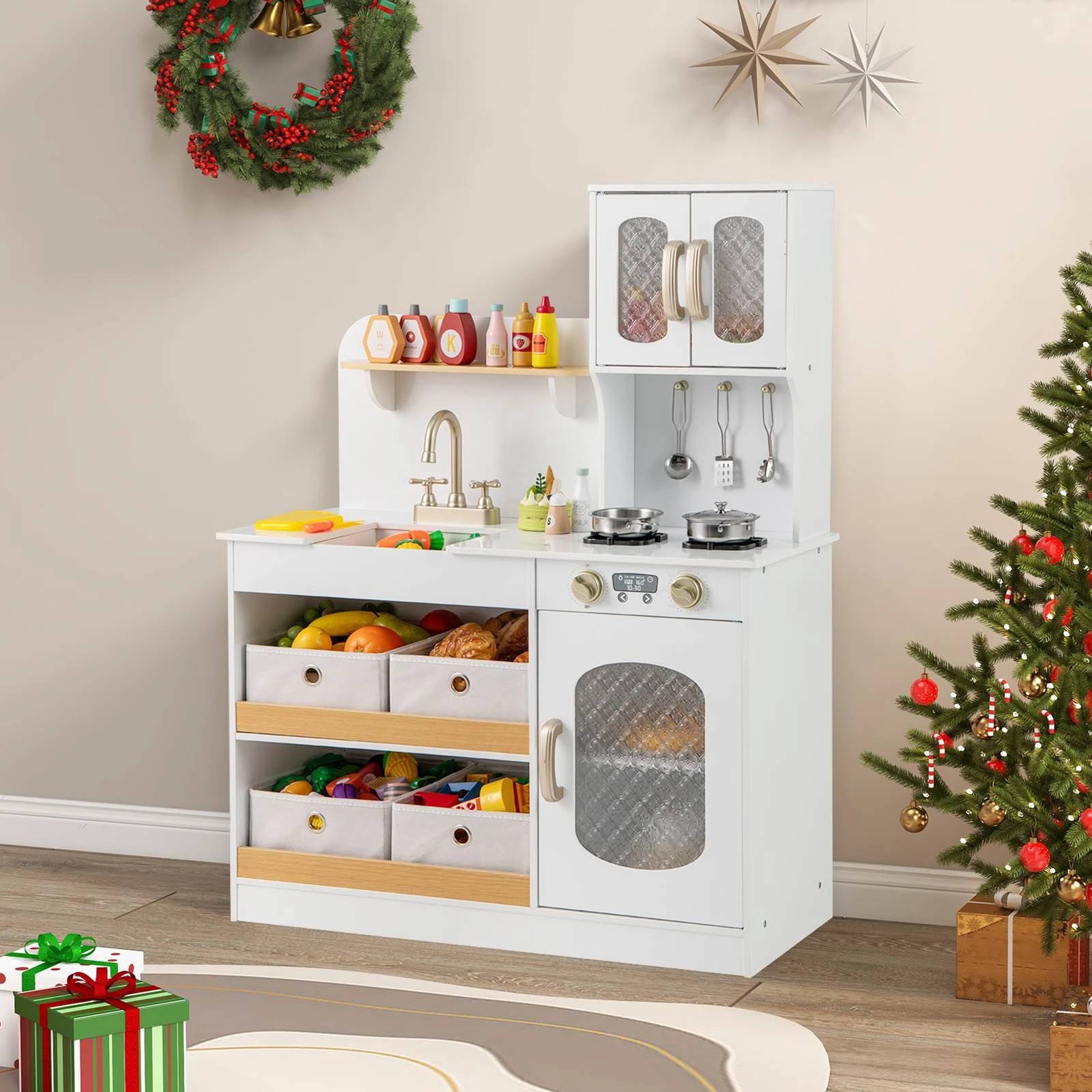 3 Costway Mini Pretend Play Kitchen Kitchen Playset w/4 Fabric Drawers - White, 3 of 3