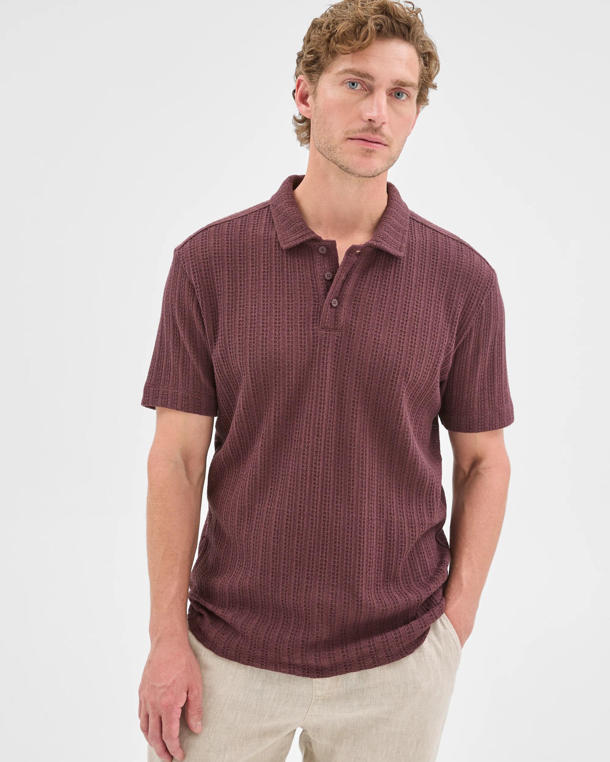 1 Target Man Australian Cotton Blend Pointelle Polo Top FUDGE, 1 of 5