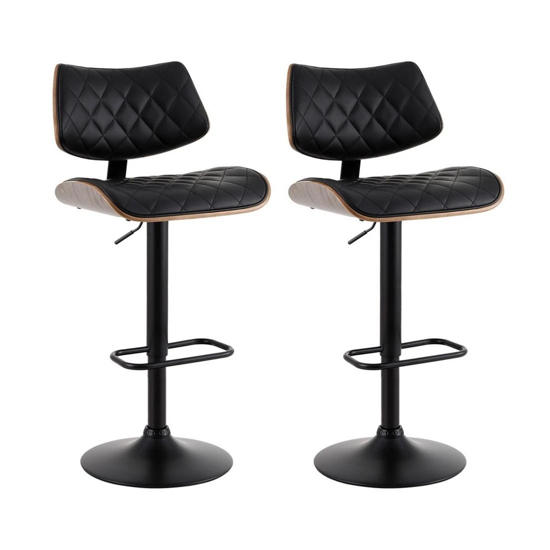 1 Artiss 2x Bar Stools Kitchen Dining Chairs Gas Lift Stool Wooden Leather - Black, 1 of 4