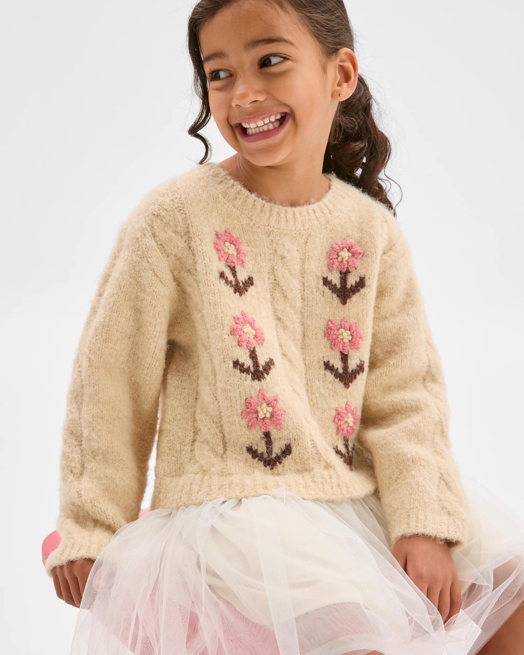 1 Target Kids Long Sleeve Knit Jumper Tulle Embroidered Dress GARDENIA CREAM, 1 of 6