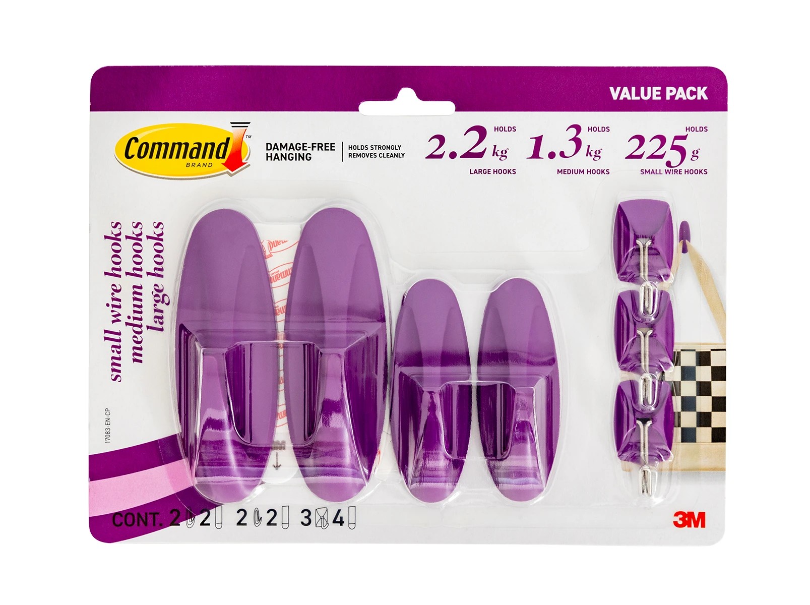 1 3M Command Coloured Hooks Mixed Pack - Candied Plum, 1 of 2