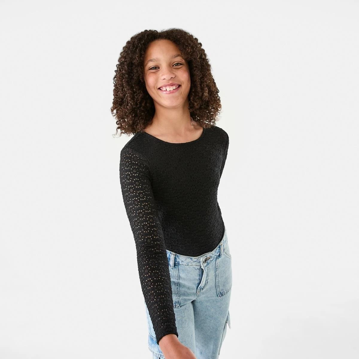 1 Long Sleeve Lace Top Black, 1 of 9