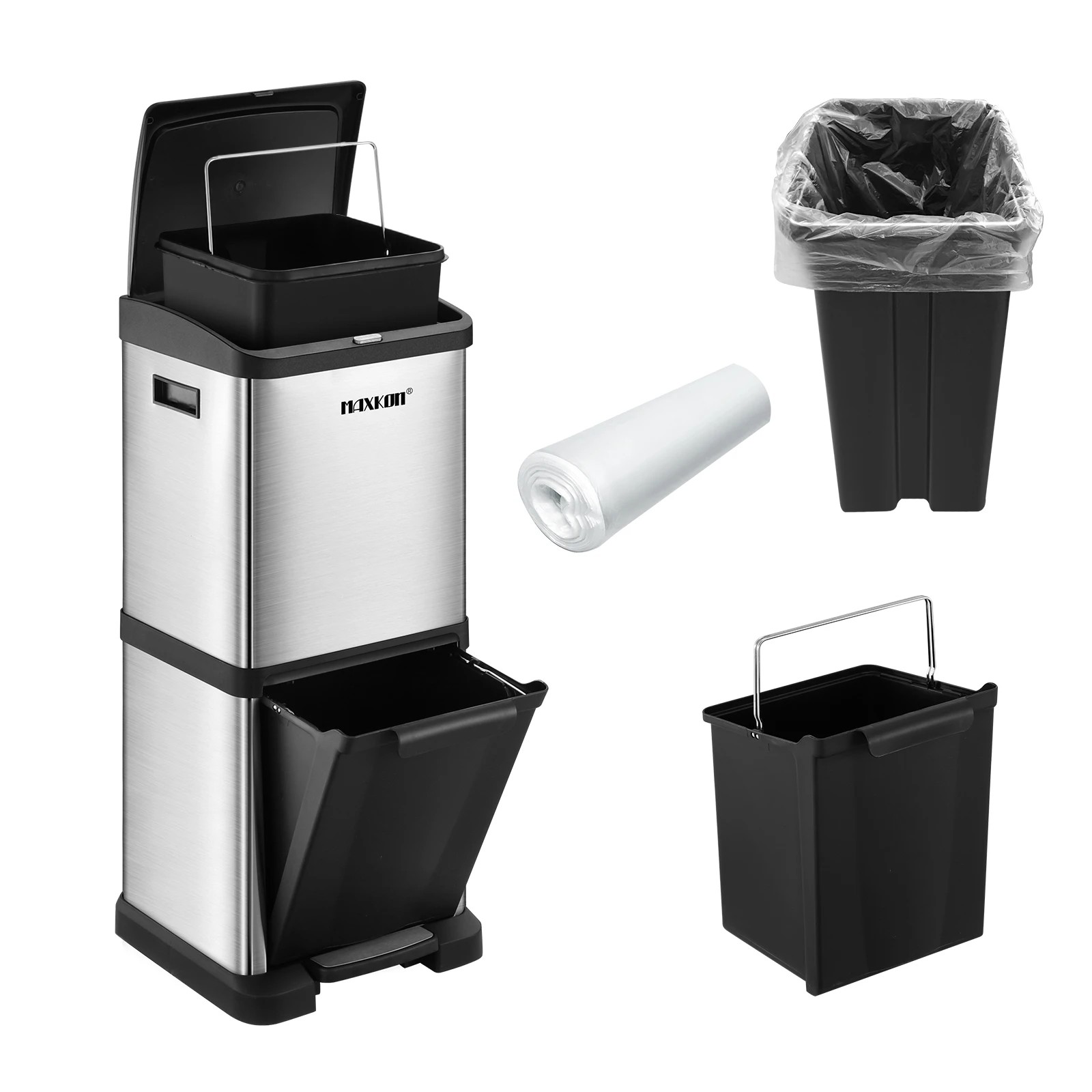7 Maxkon 34L Rubbish Bin Pedal Dustbin Kitchen Waste Garbage Trash Can Household Stepbin Dual Two Layer Press Top, 7 of 7