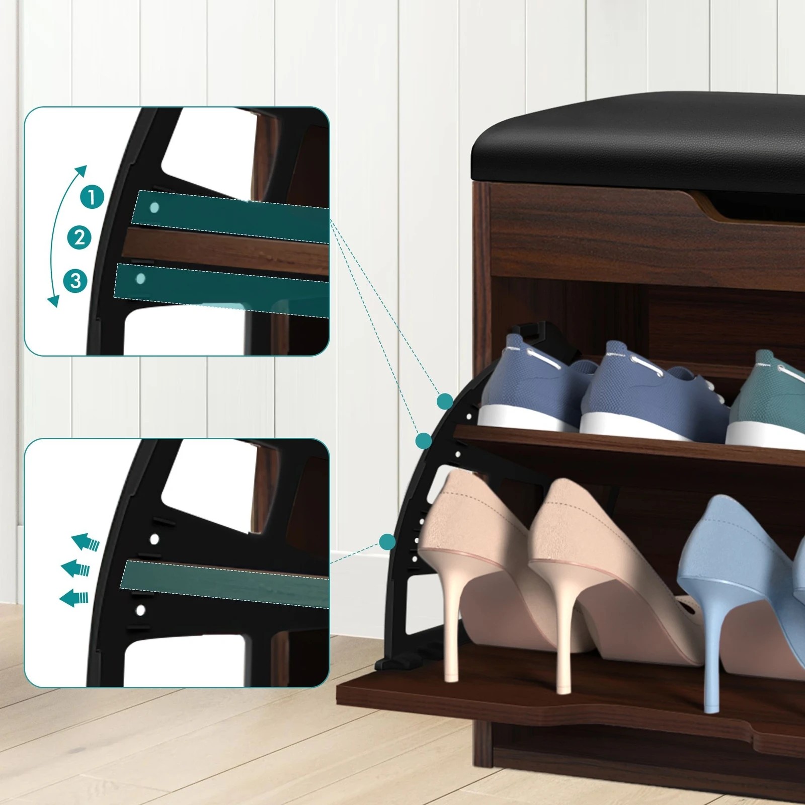 5 Alfordson Shoe Cabinet Bench Storage Rack Organiser Shelf 12 Pairs - Walnut, 5 of 10