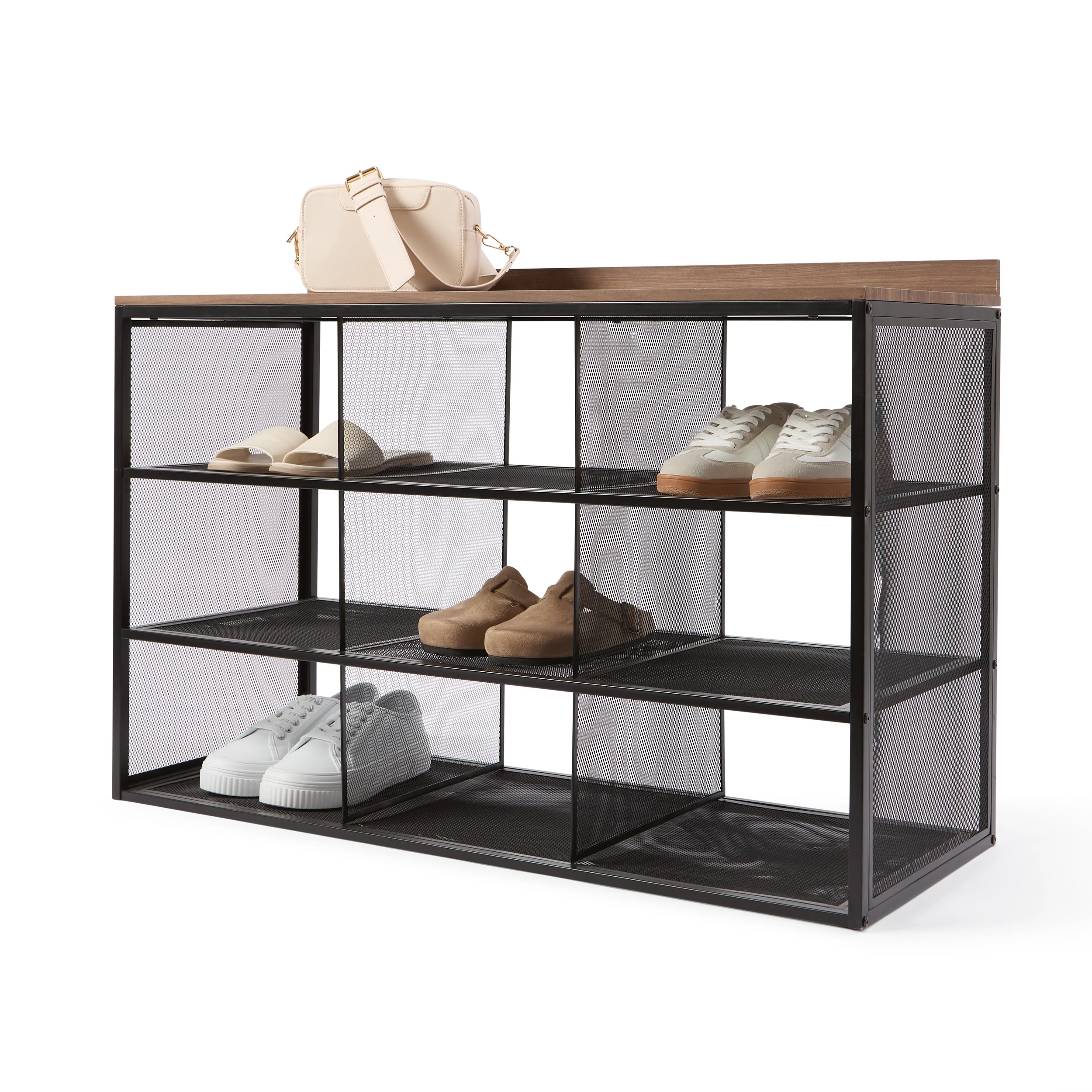 1 Metal and Walnut Look Shoe Rack, 1 of 7