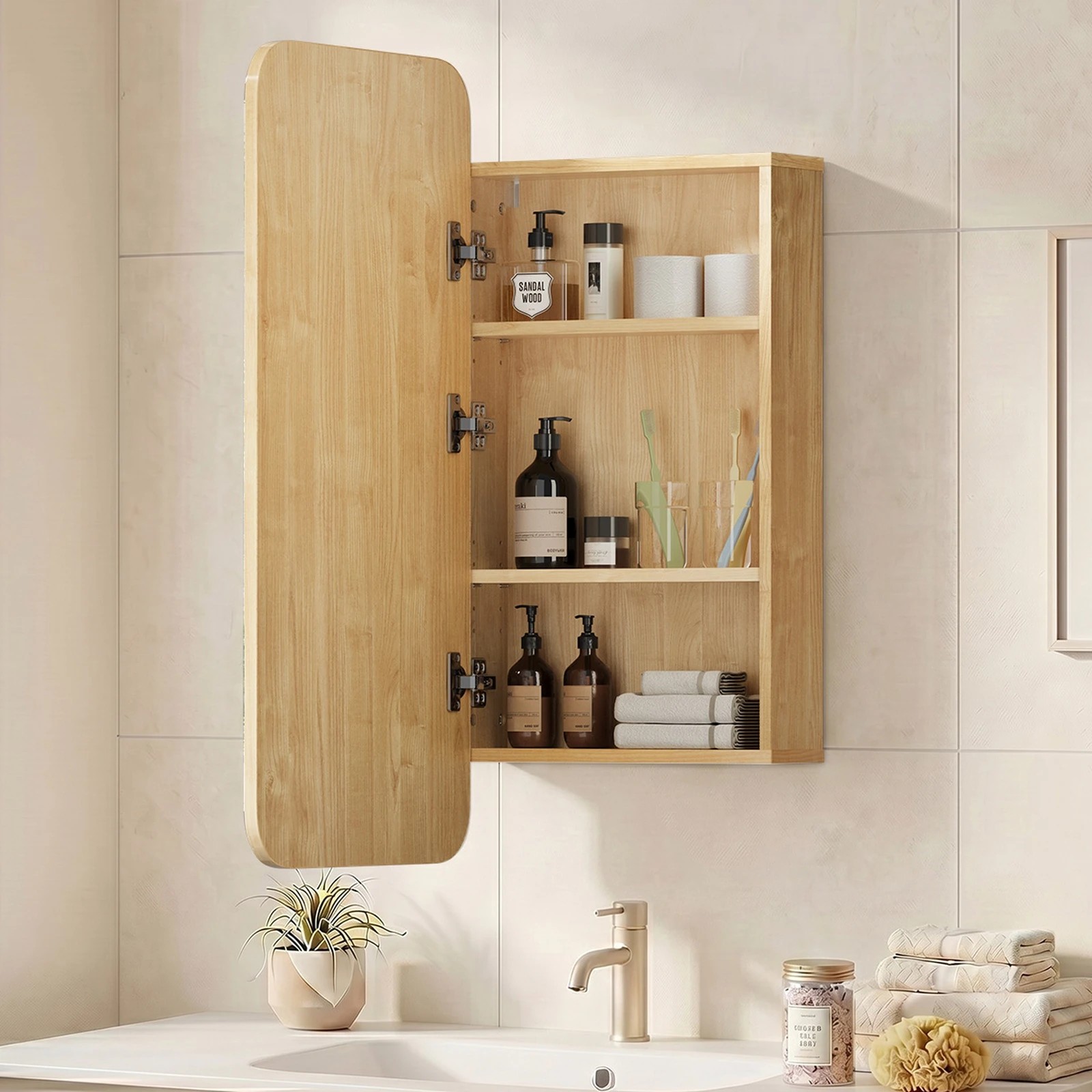 5 Welba Bathroom Mirror Cabinet Organiser 3-Tier Adjustable Shelves Makeup - Natural, 5 of 8