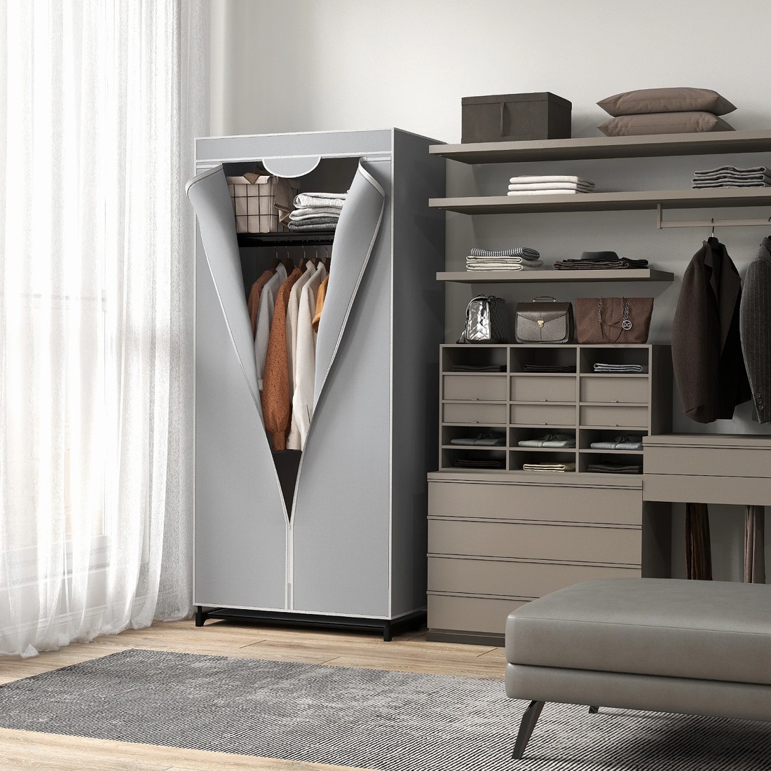 7 Costway Fabric Wardrobe Folding Garment Cabinet Clothes - Grey, 7 of 8