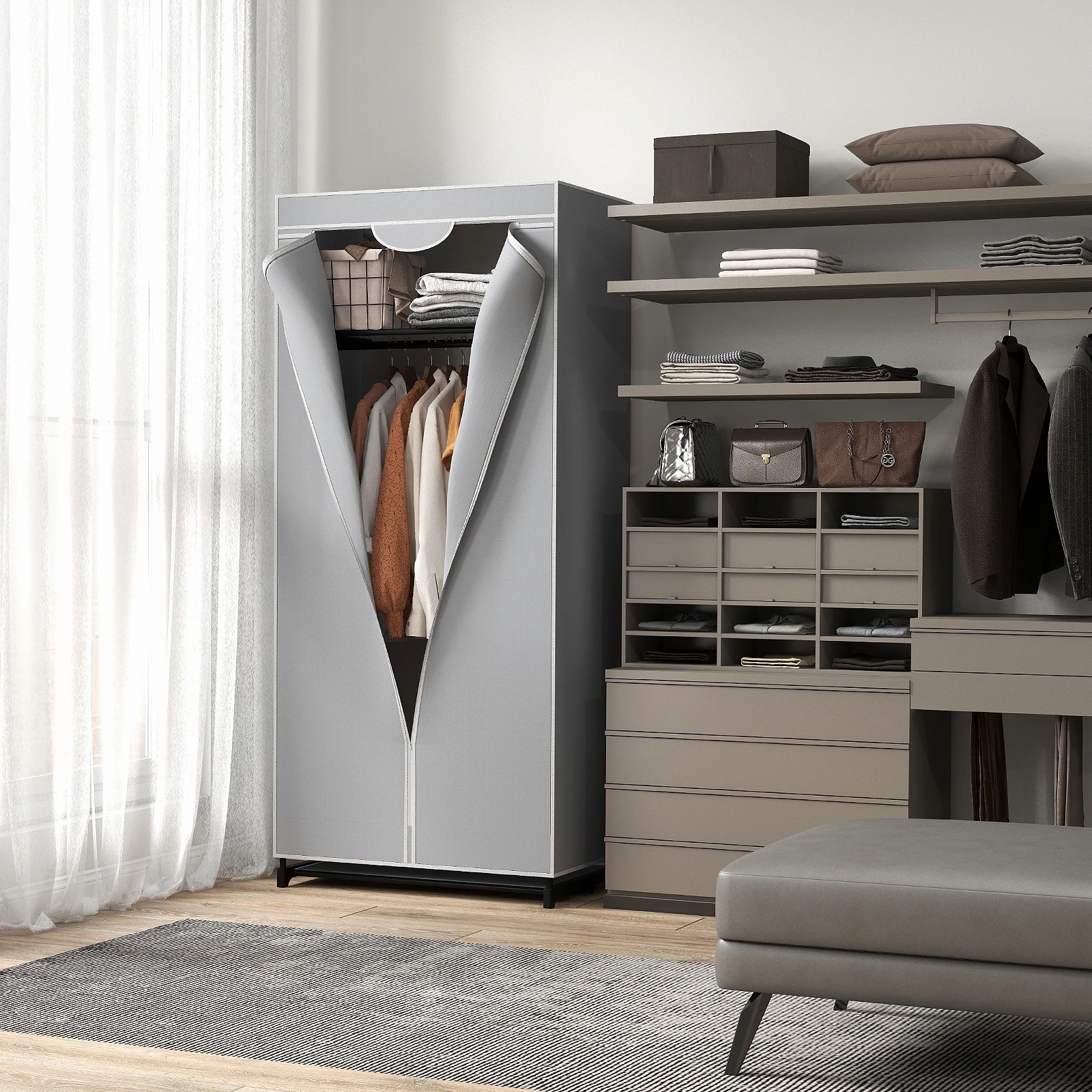 7 Costway Fabric Wardrobe Folding Garment Cabinet Clothes - Grey, 7 of 8