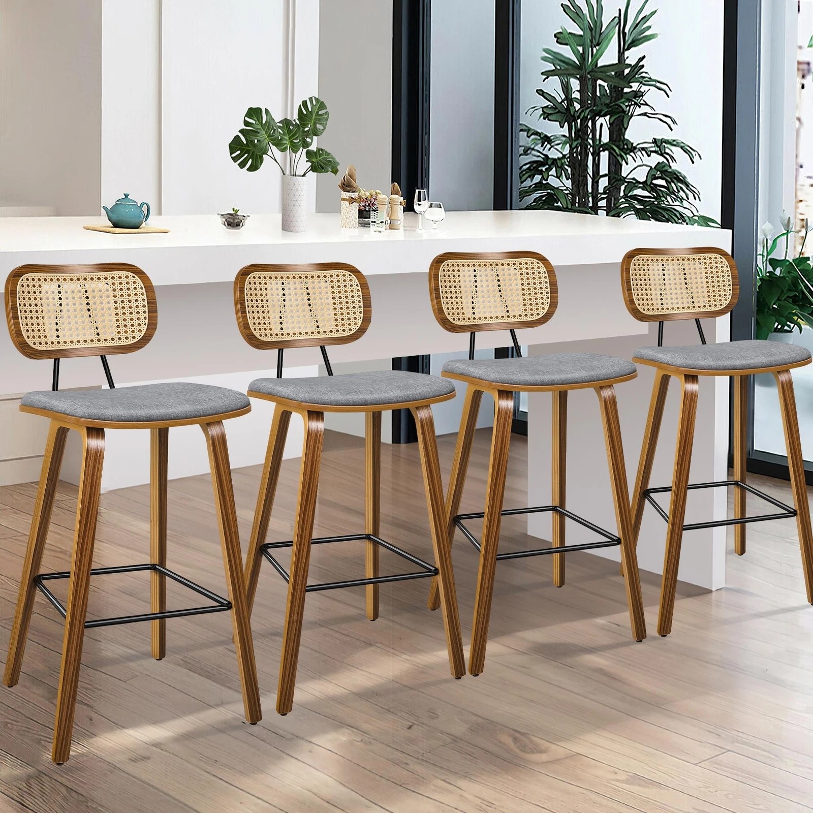 2 Alfordson 4x Bar Stools Kitchen Vintage Fabric Seat Rattan Chair Wooden - Grey, 2 of 9