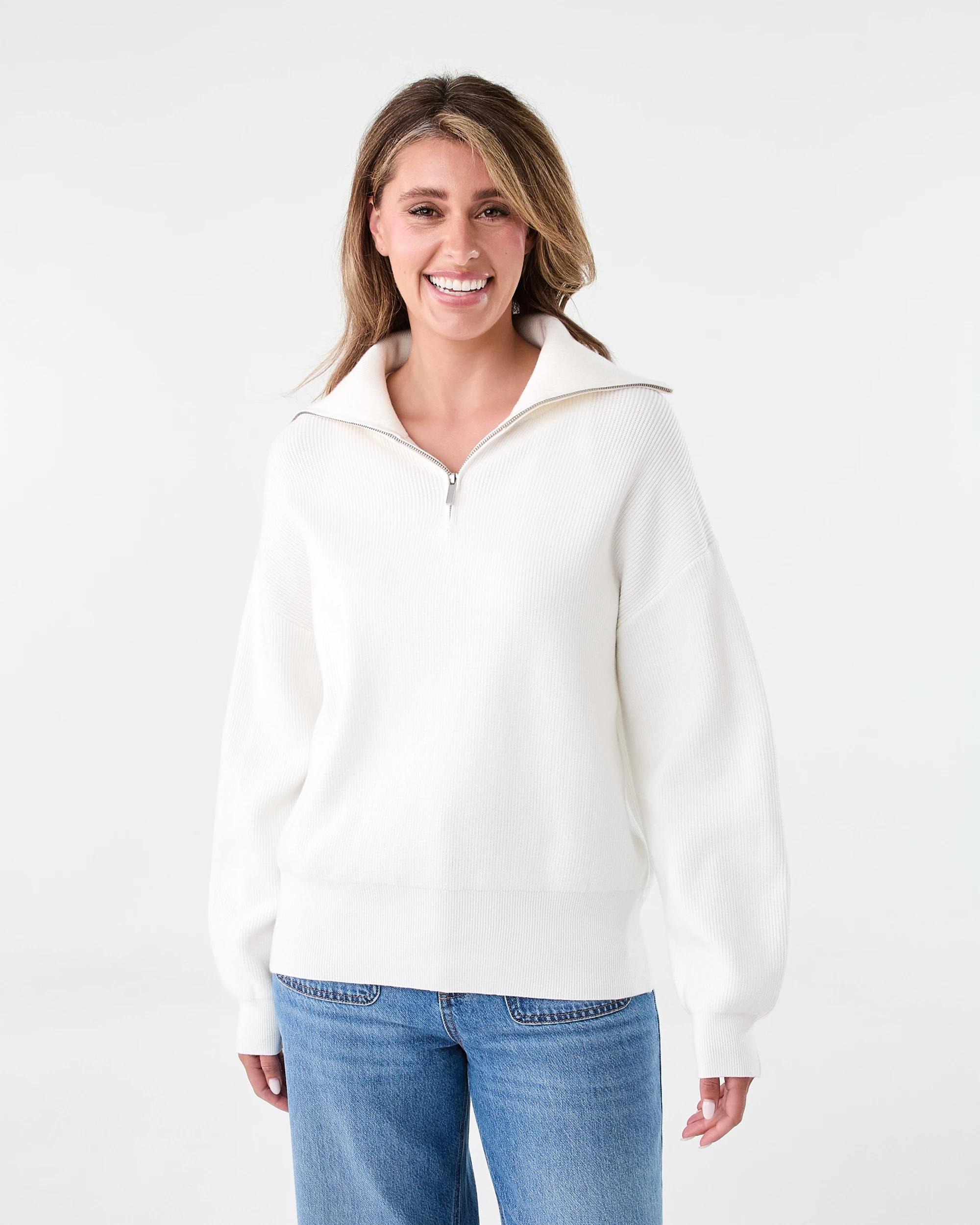 1 Ribbed Zip Through Jumper Cld White, 1 of 8