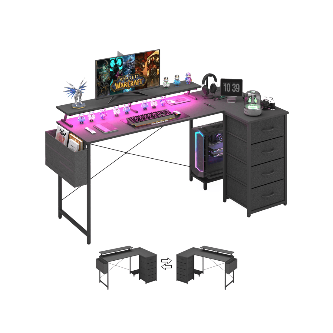 1 Advwin 160cm Black L Shaped Gaming Desk With Led Lights & Power Outlets Convertible Computer Desk With Monitor Stand, 1 of 10