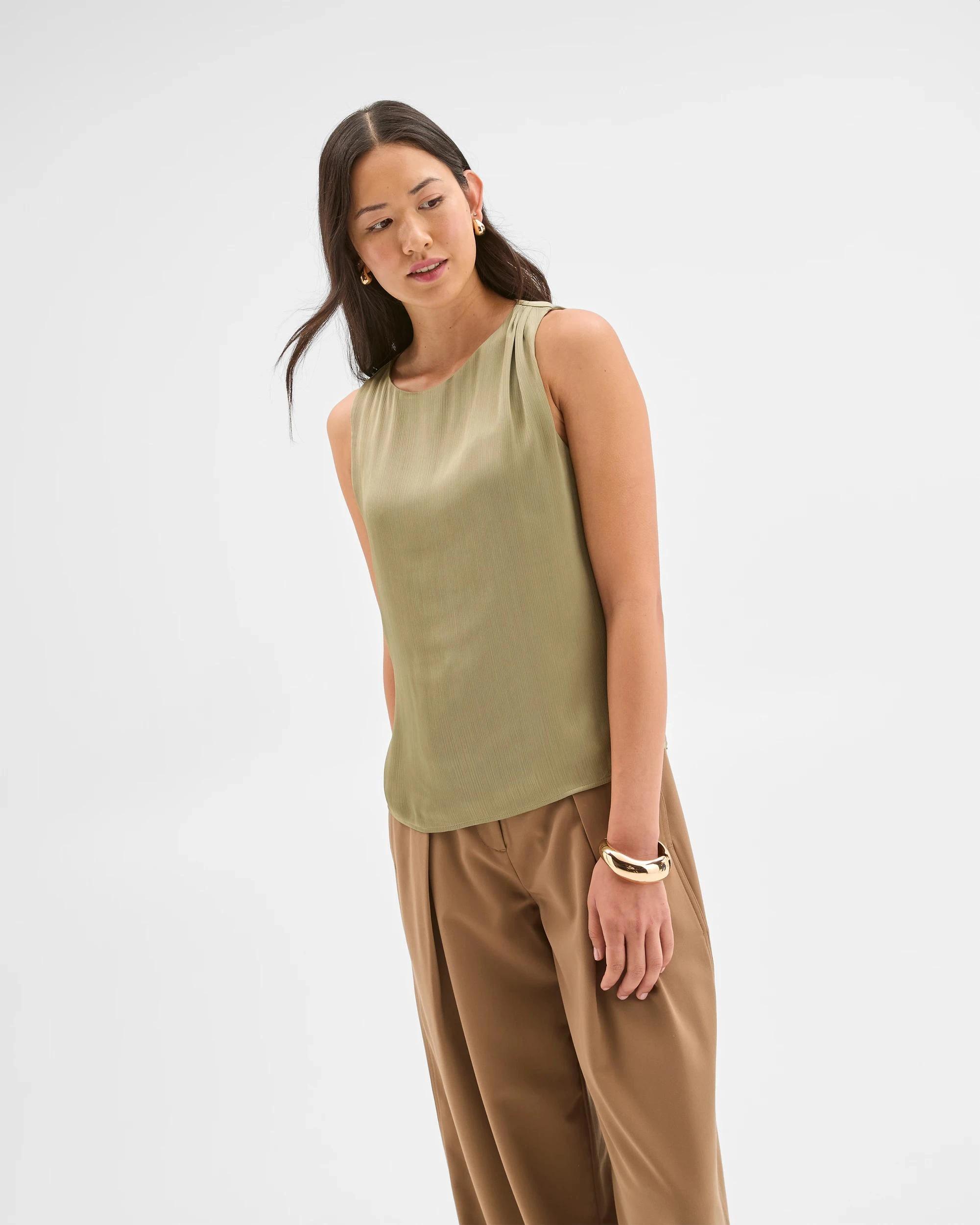 4 Preview Sleeveless Shoulder Pleat Detail Blouse MOSS, 4 of 8