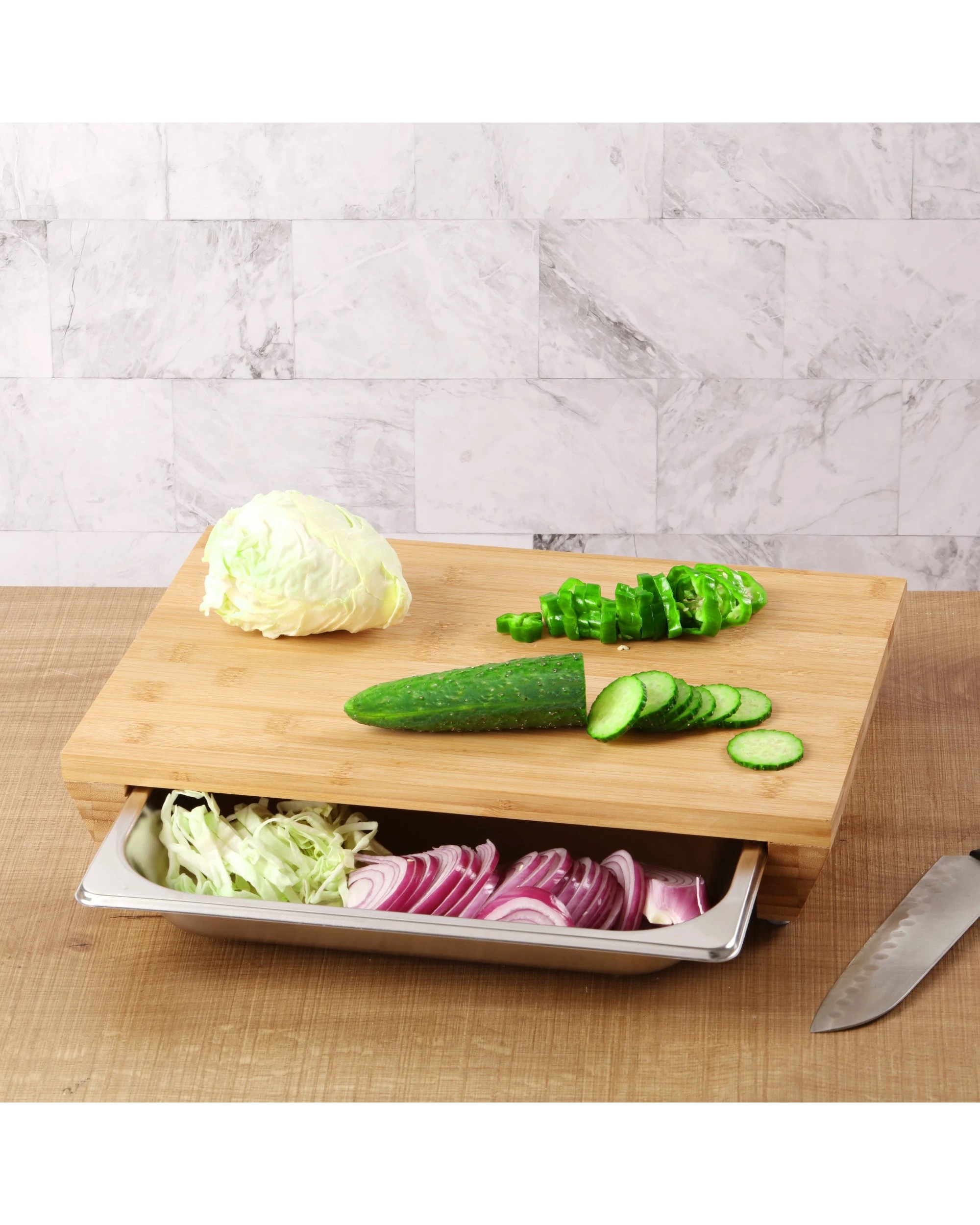 2 Gourmet Kitchen Bamboo Cutting Board With Stainless Steel Tray 39x27x6.5cm - Natural Brown, 2 of 6