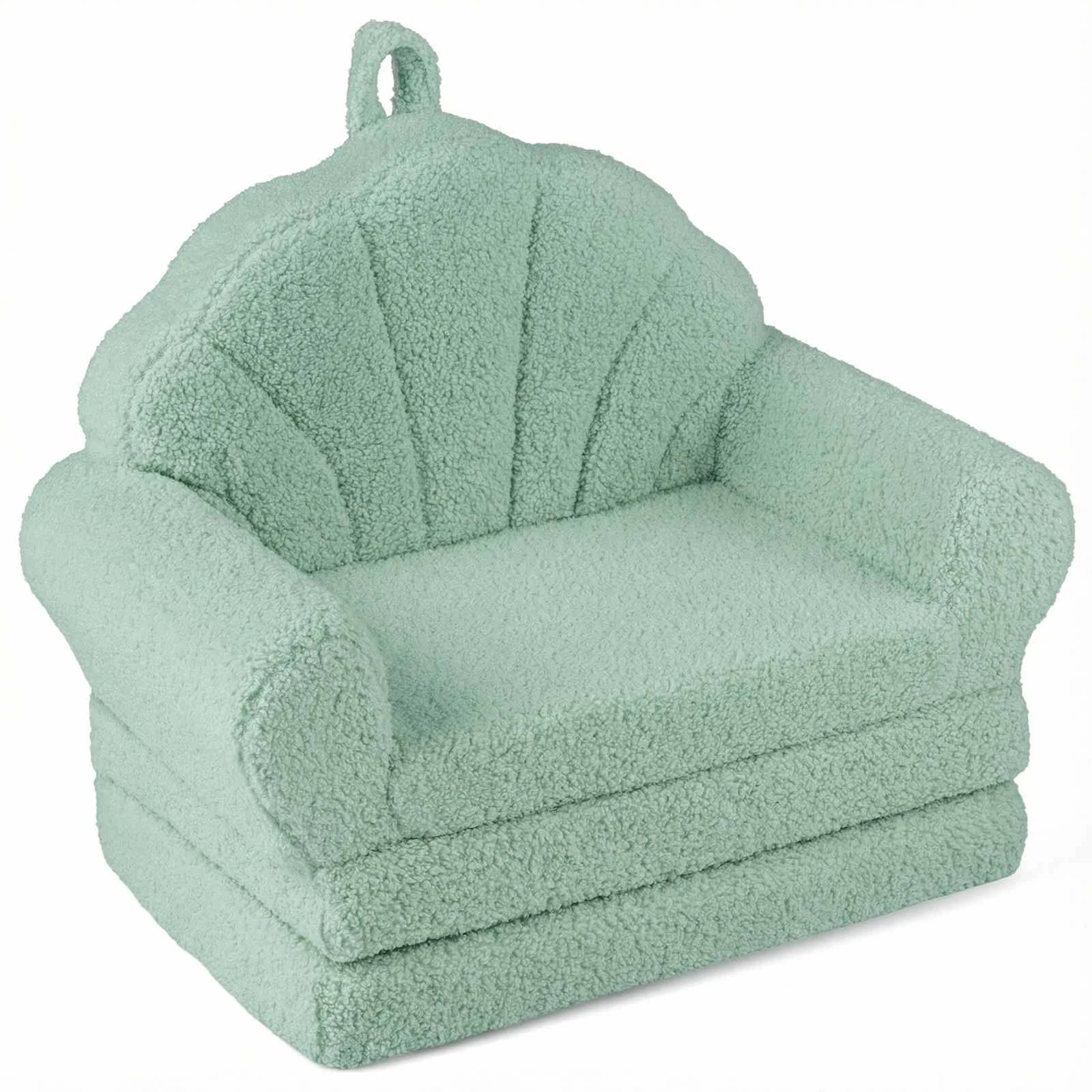 1 Costway Shell Folding Sofa 2-in-1 Flip Out Small Foam Couch Teddy Fleece Lounge Bed - Green, 1 of 2