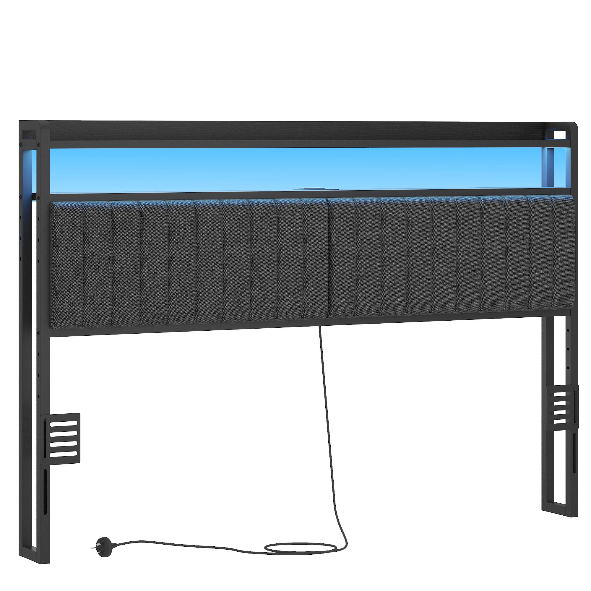 1 Advwin Double Size Storage Headboard Upholstered with LED Light Charging Station Height Adjustable - Black, 1 of 7