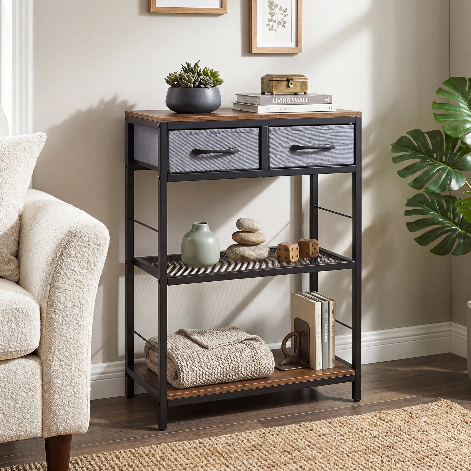 3 Costway 3-Tier Narrow Console Table w/2 Fabric Drawers Behind Sofa Table - Brown, 3 of 6