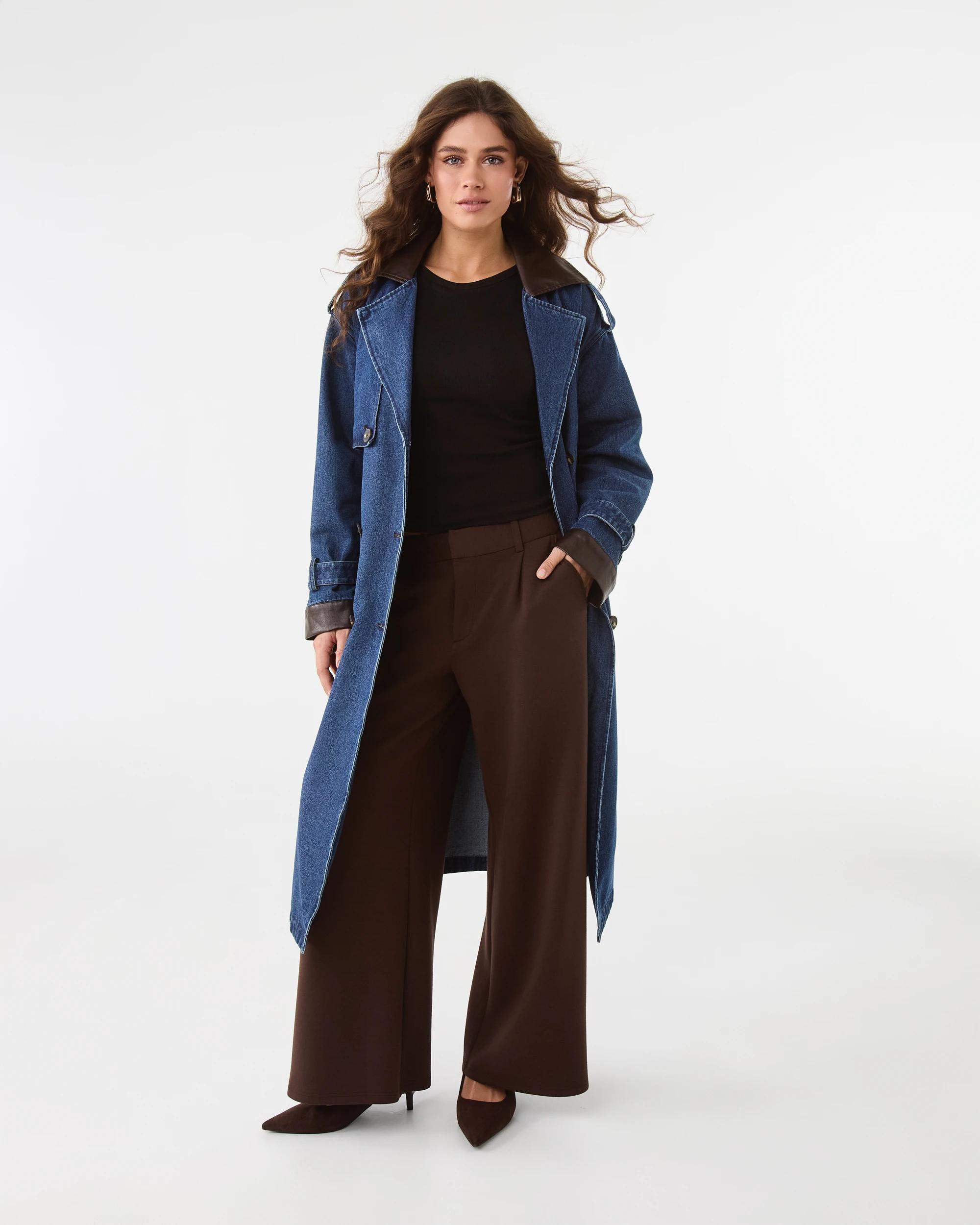 1 Leather Look Trim Denim Trench Coat Dark Wash, 1 of 9