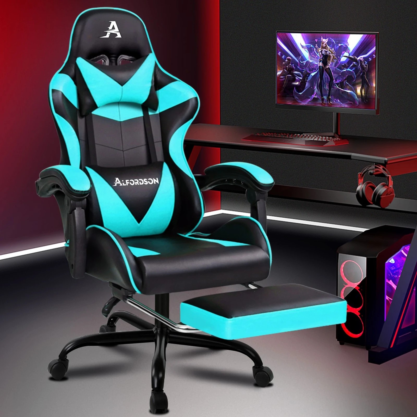 8 Alfordson Gaming Chair Office Executive Racing Footrest Seat PU Leather - Cyan, 8 of 10