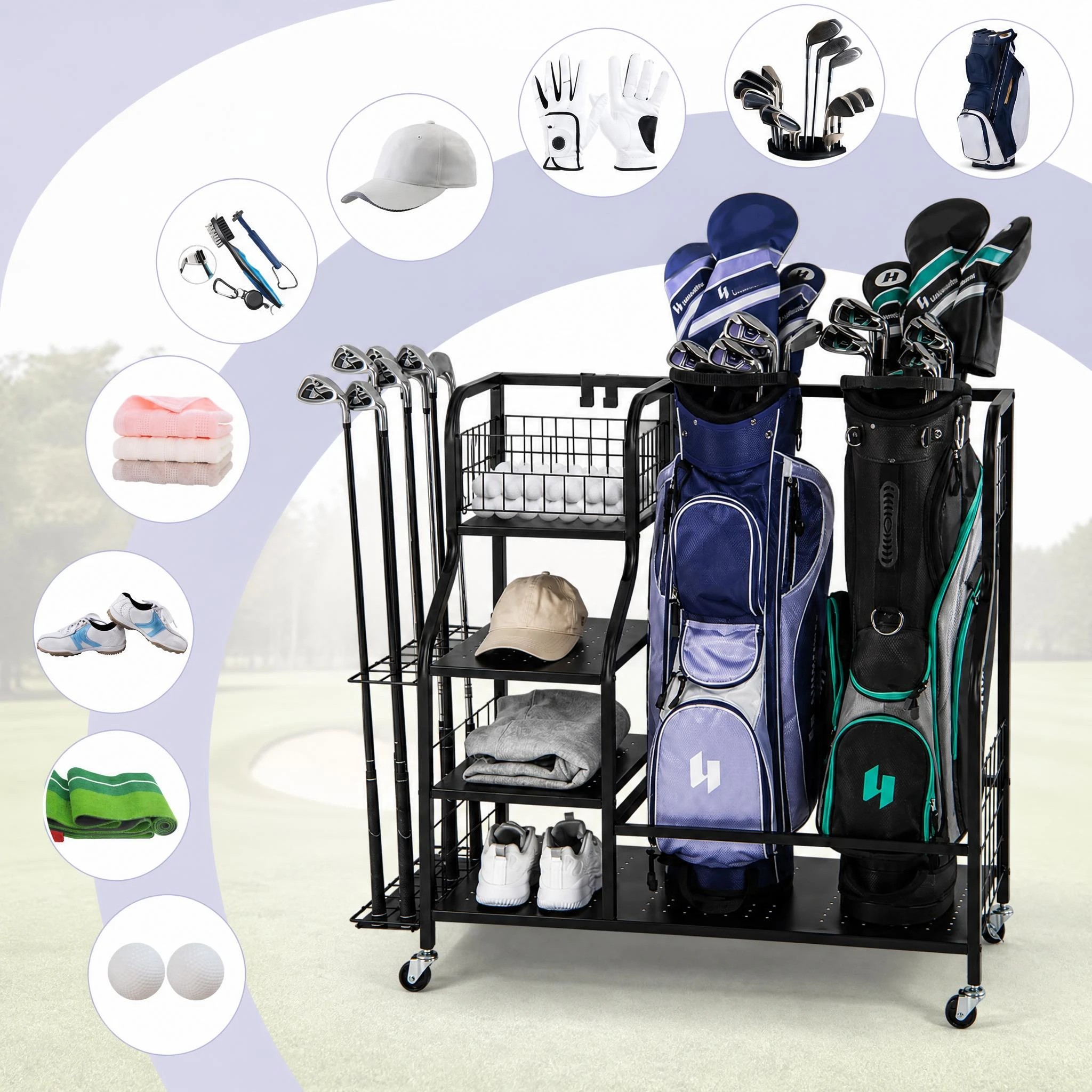 4 Costway Golf Bag Storage Garage Organizer Golf Bag Stand Golf Club Rack Holder w/Wheels, 4 of 7