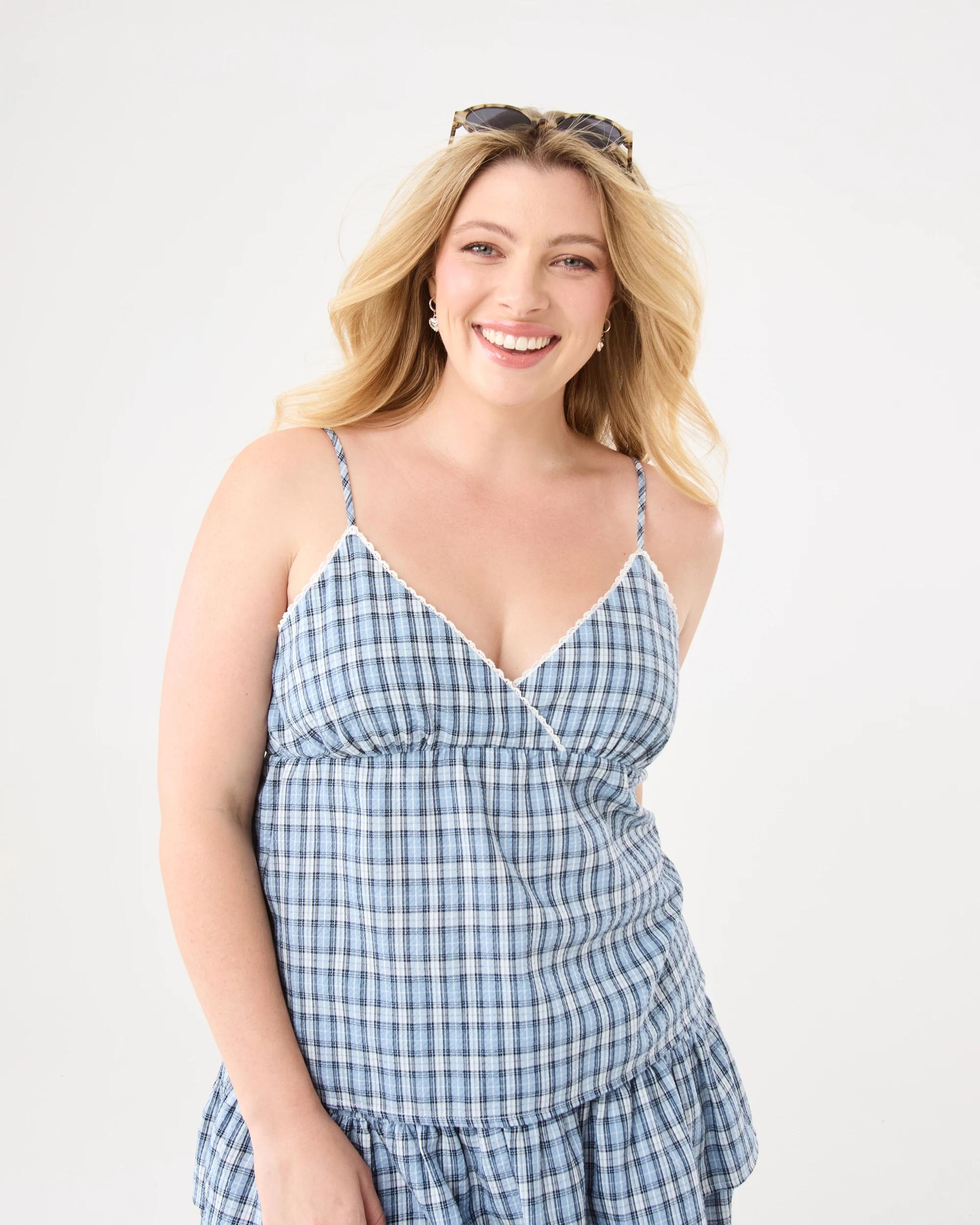 3 Sleeveless V-Neck Check Cami Blue Check, 3 of 10