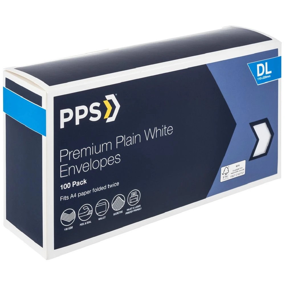 1 PPS Premium Plainface DL Envelopes White 100 Pack, 1 of 5