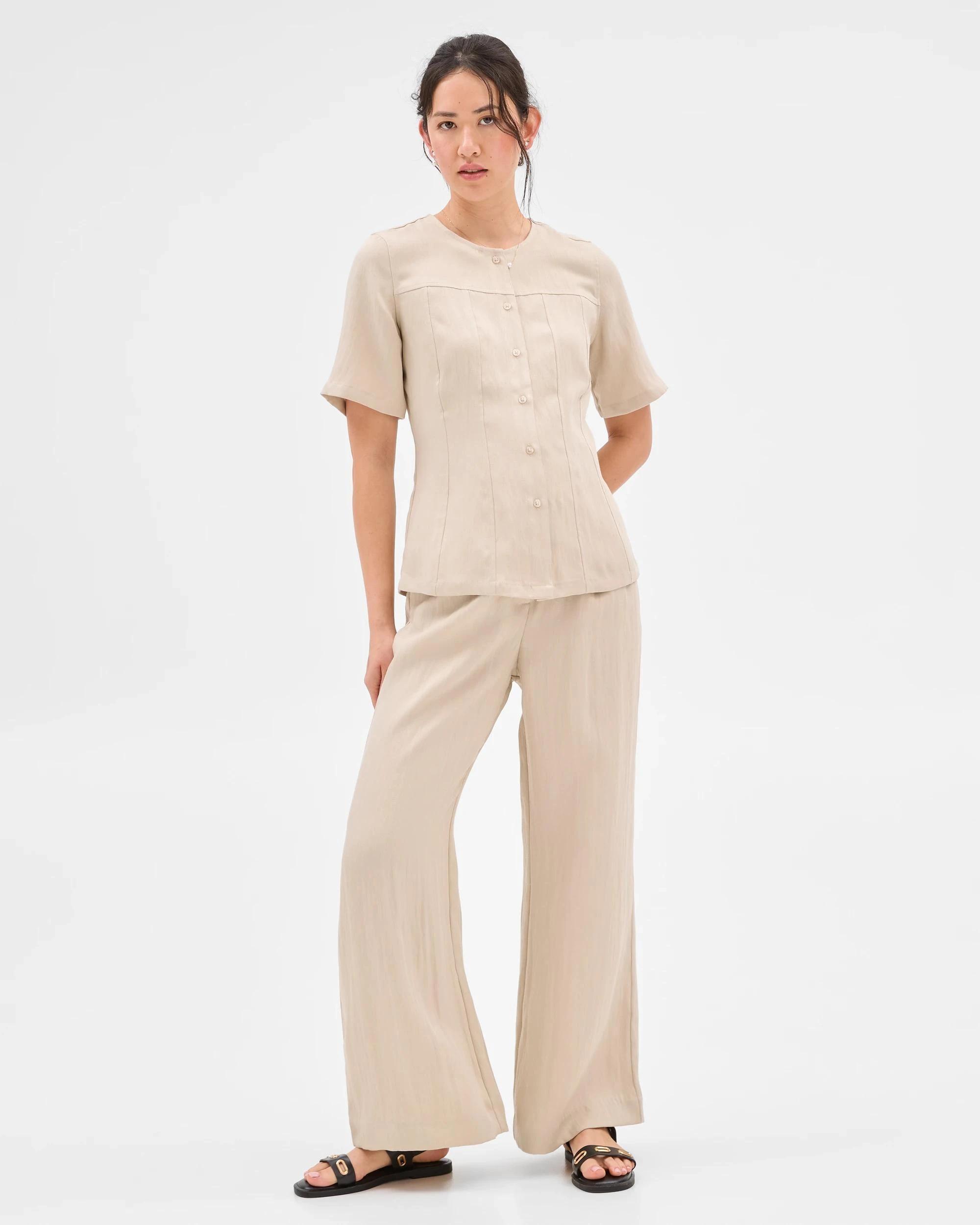 3 Summer Twill Pleat Waist Wide Leg Pants - Preview SAGE, 3 of 6
